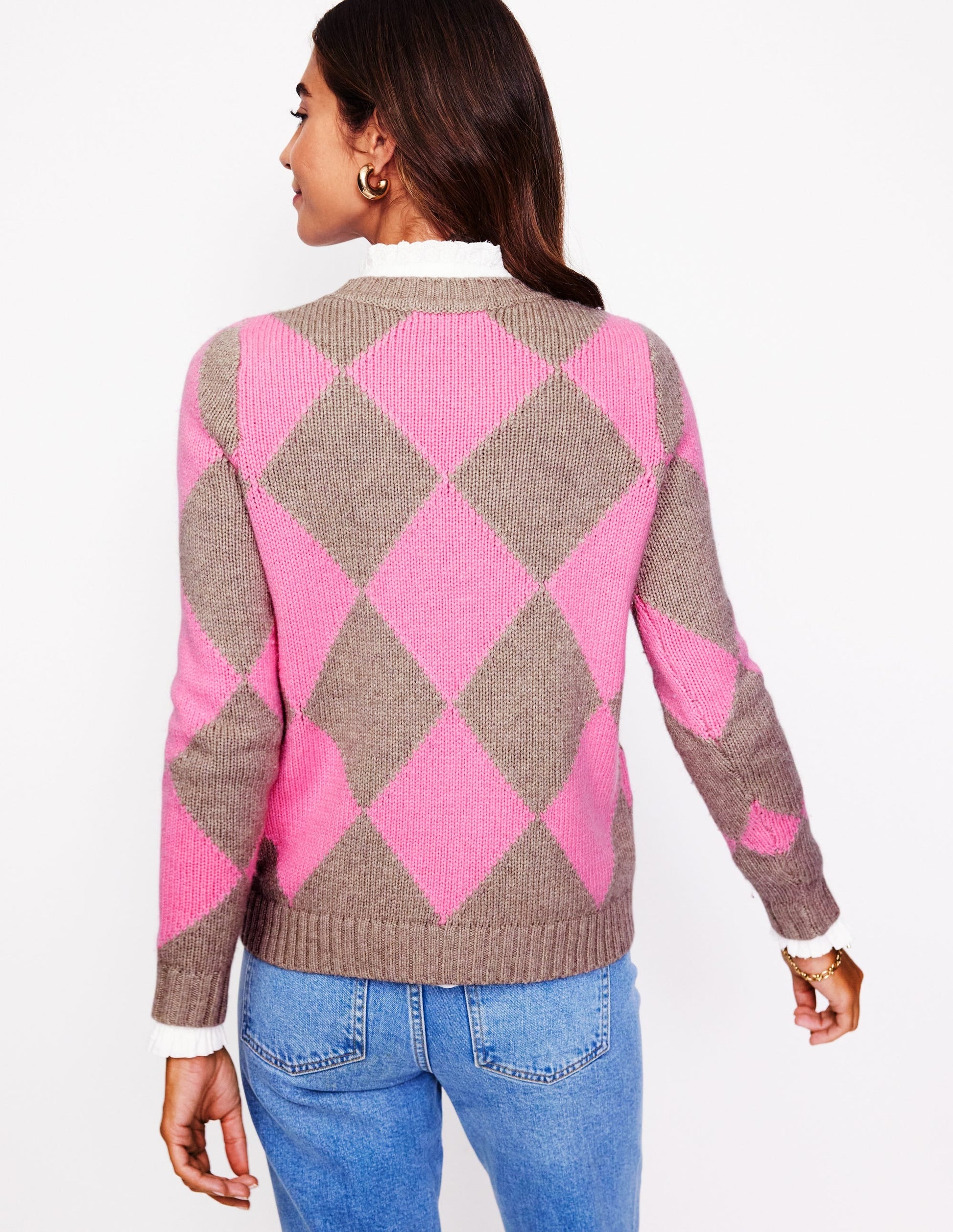 Argyle Crew Neck Jumper-Mink Melange, Pink-3