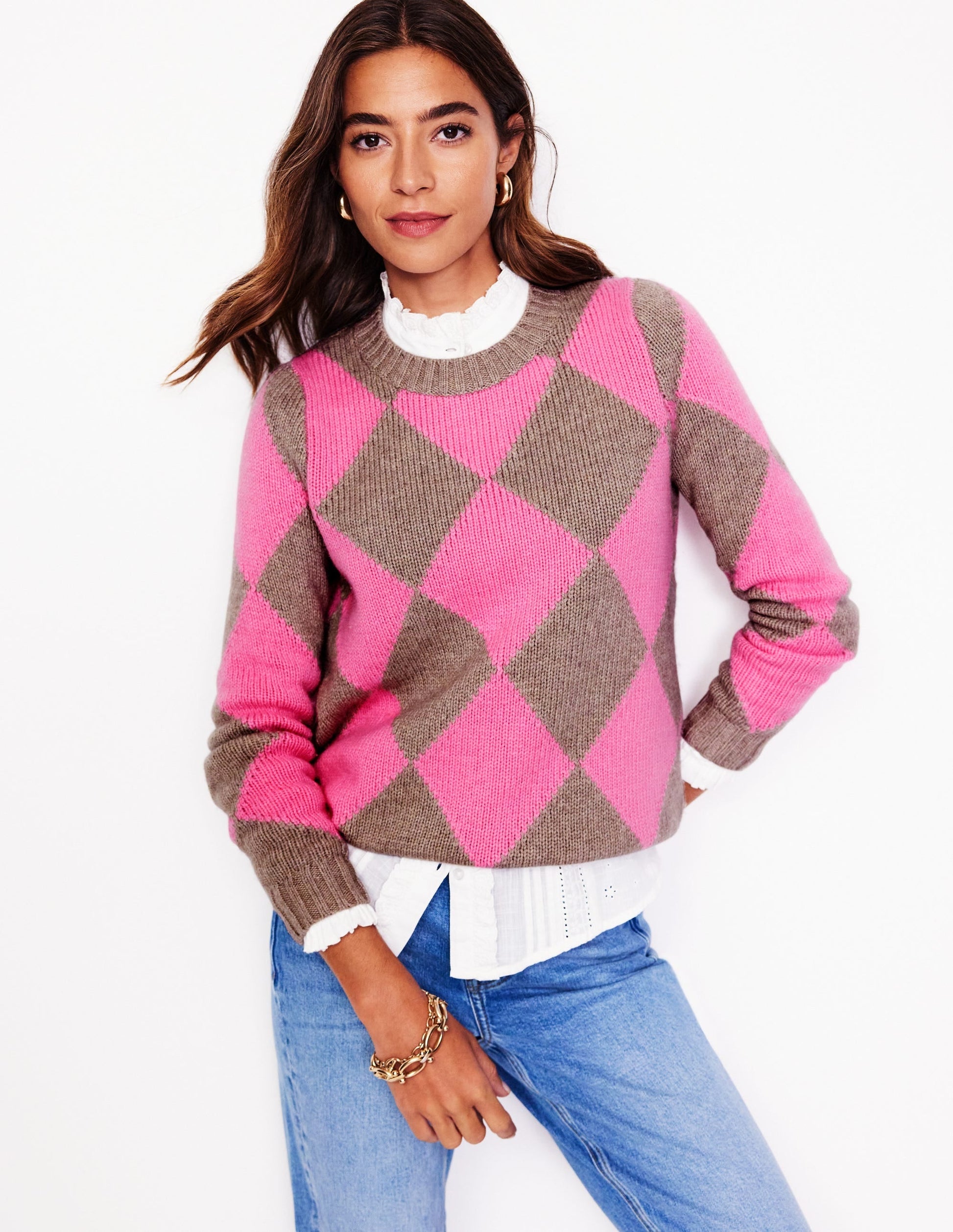 Argyle Crew Neck Jumper-Mink Melange, Pink-4