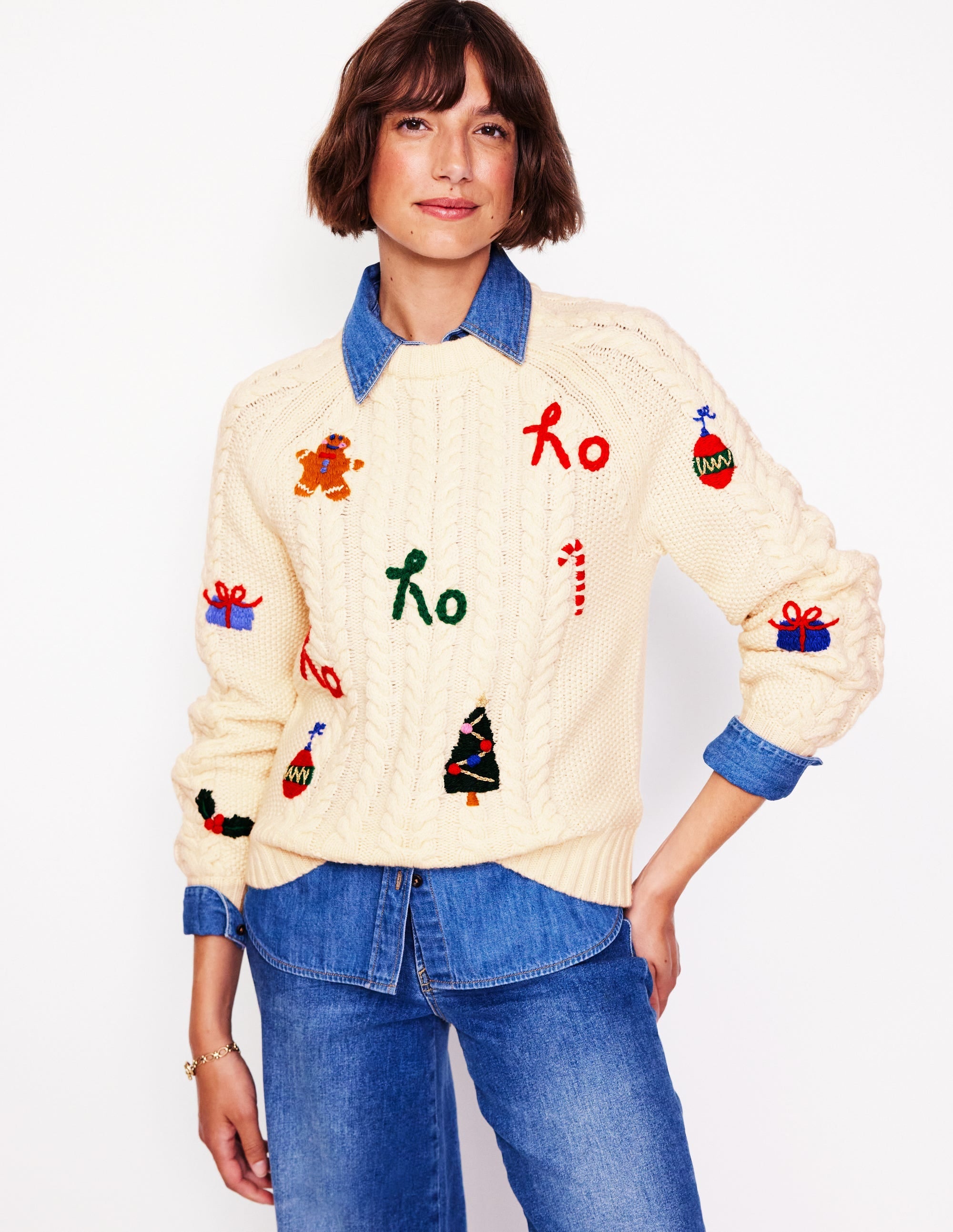 Heritage Cable Jumper-Warm Ivory, Ho Ho Ho - Image 4