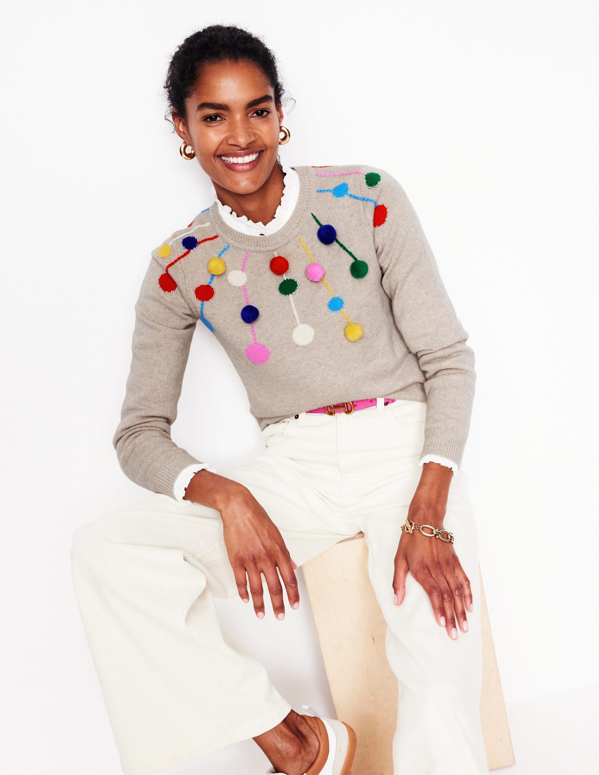 Pom Pom Jumper-Oatmeal, Multi Poms-1