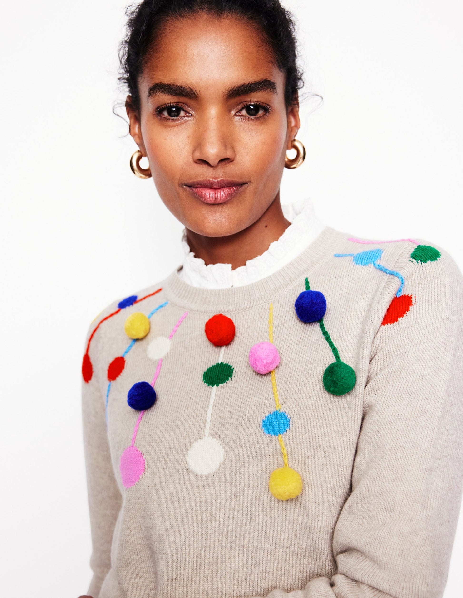 Pom Pom Jumper-Oatmeal, Multi Poms-2