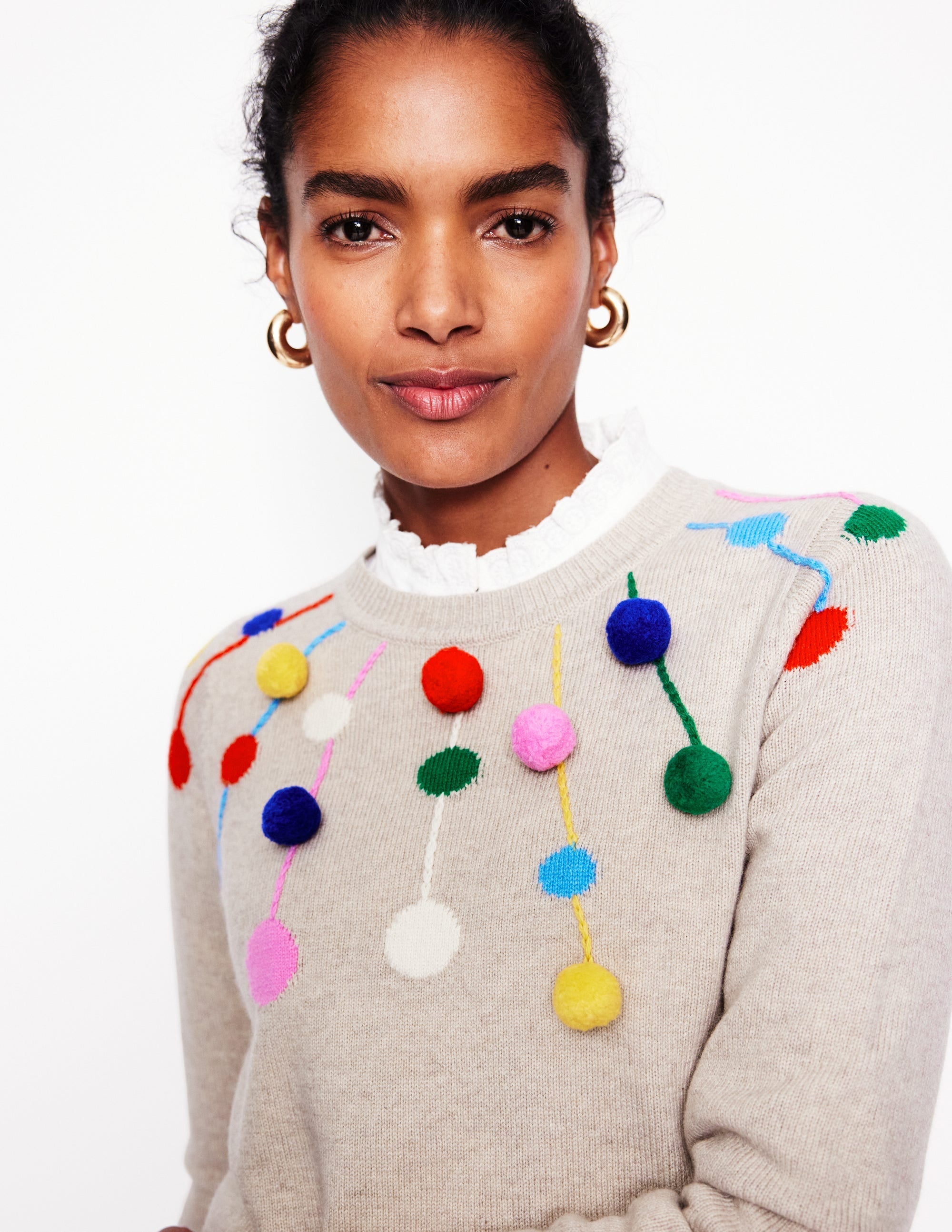 Pom Pom Jumper-Oatmeal, Multi Poms - Image 2