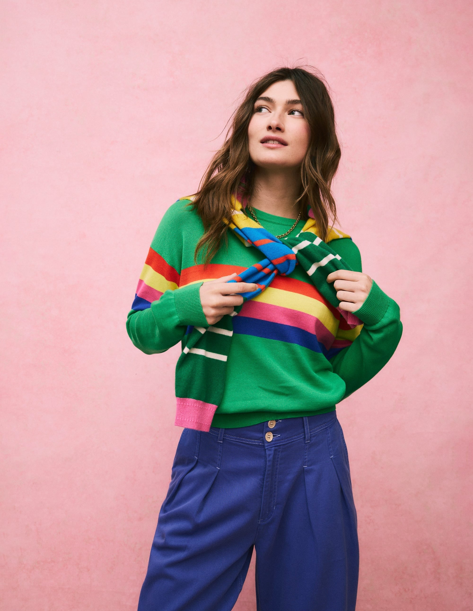 Lara Relaxed Cotton Jumper-Bright Green Chest Stripe - Image 1