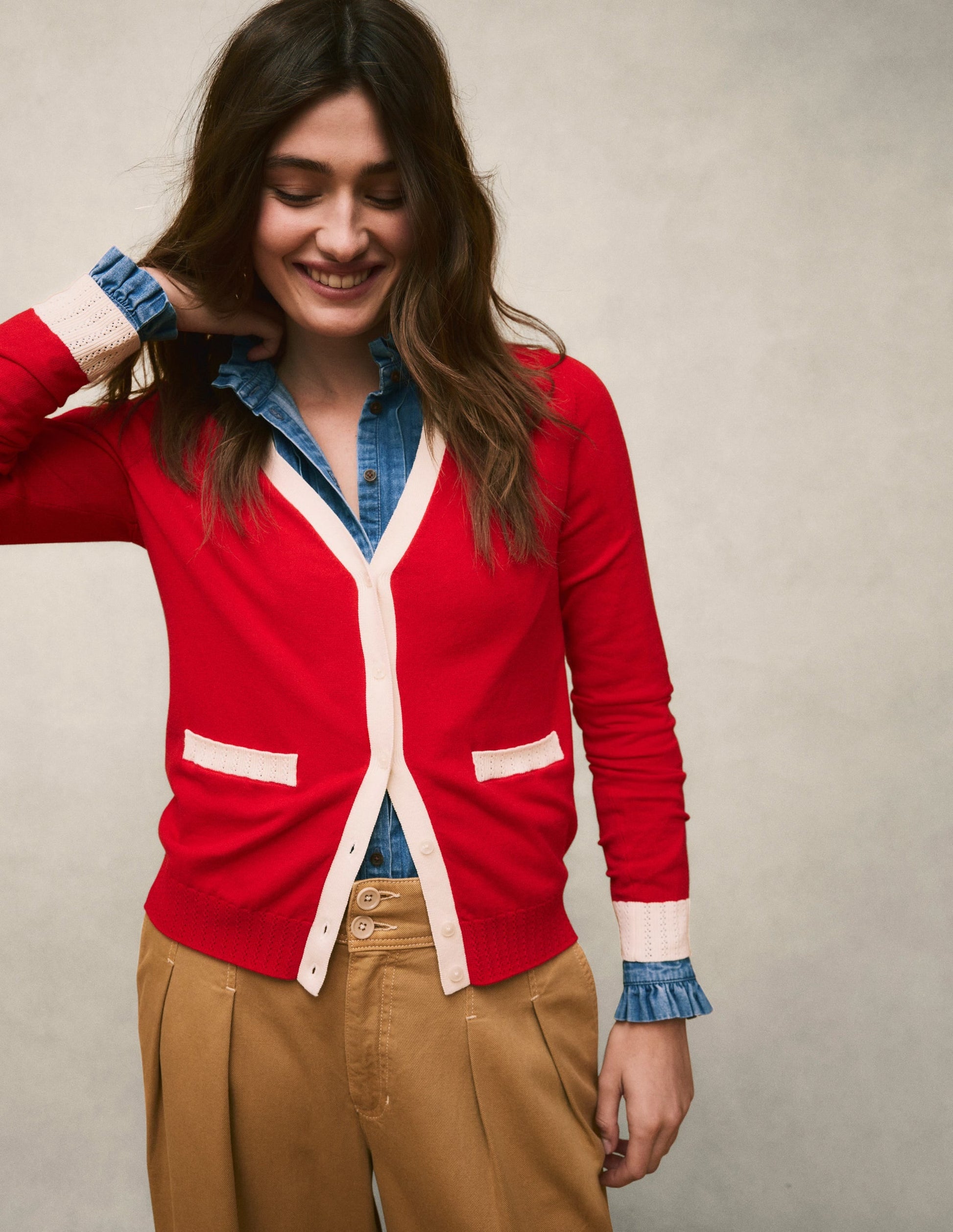 Emilia Cotton V Neck Cardigan-Poppy Red-5