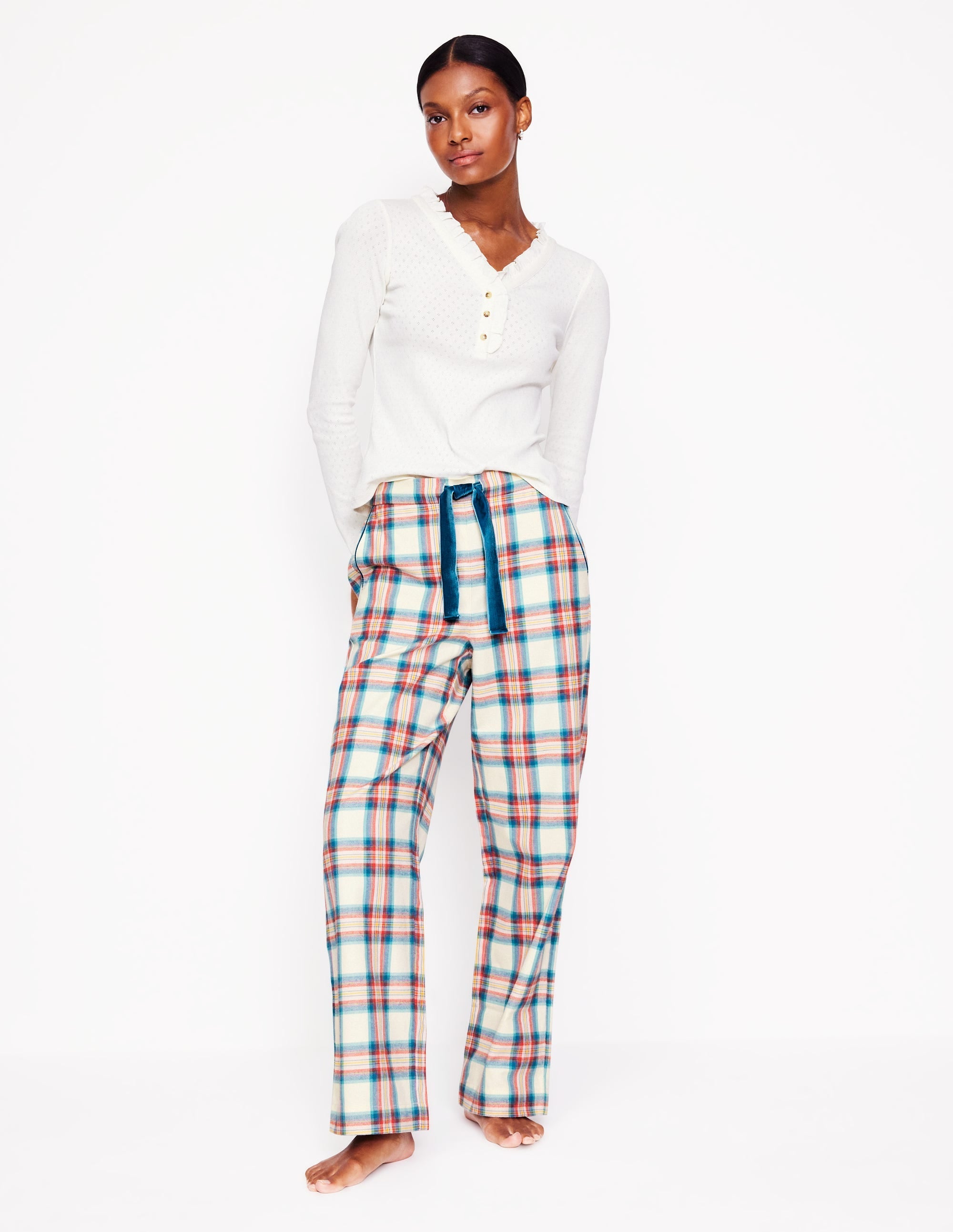 Brushed Cotton Pyjama Trousers-Eggnog & Orange Check - Image 1
