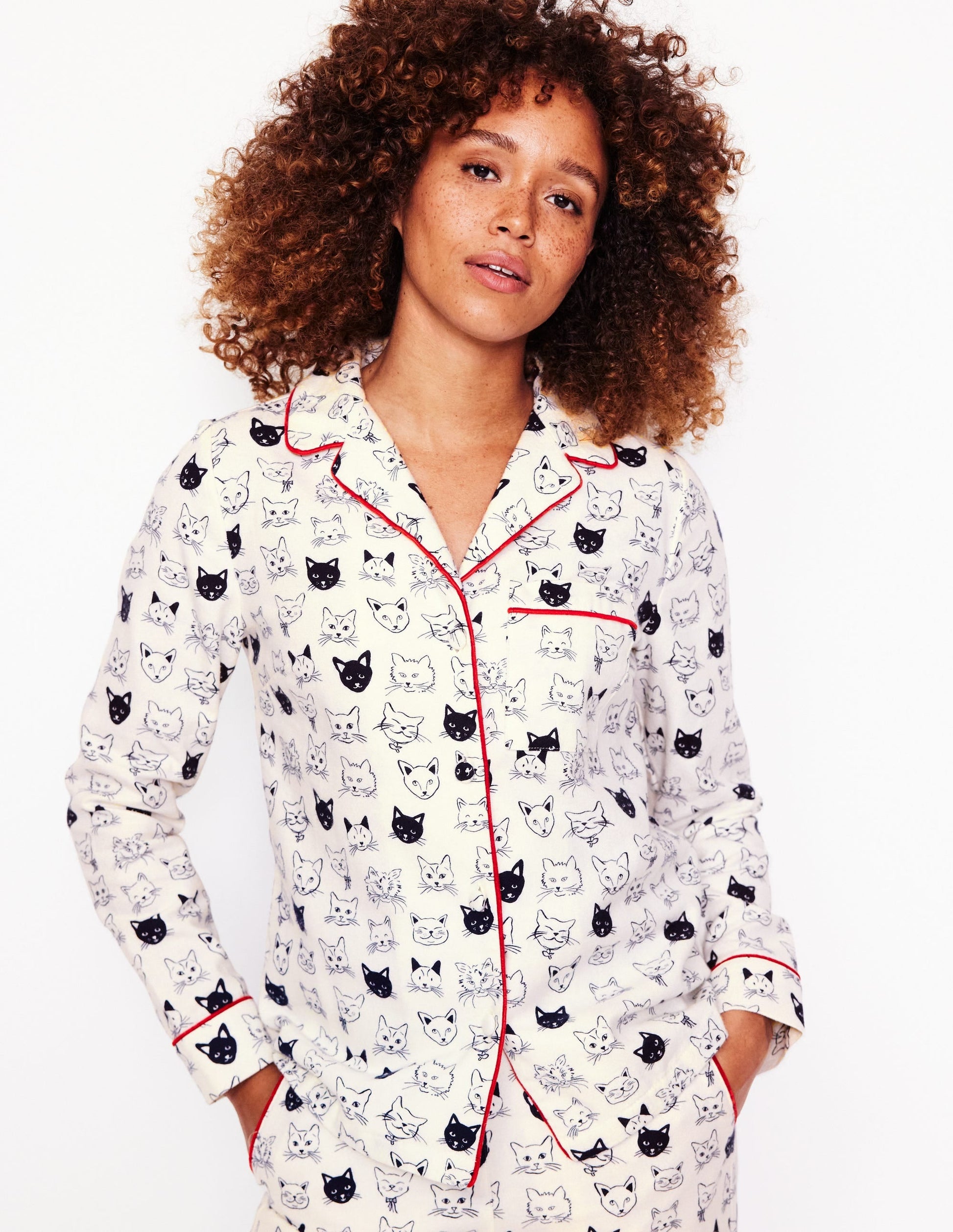 Brushed Cotton Pyjama Shirt-Ivory, Cats-1