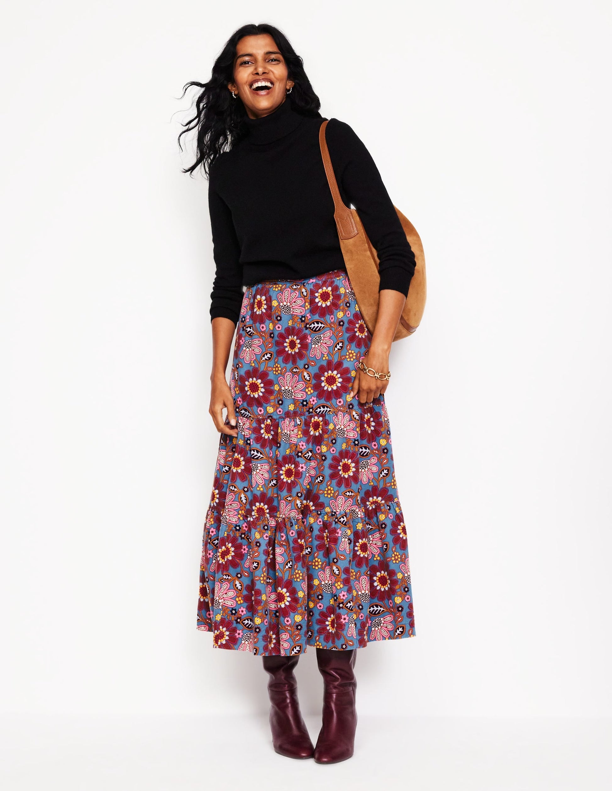 Viv Cord Tiered Maxi Skirt-French Navy, Cosmic Meadow-1