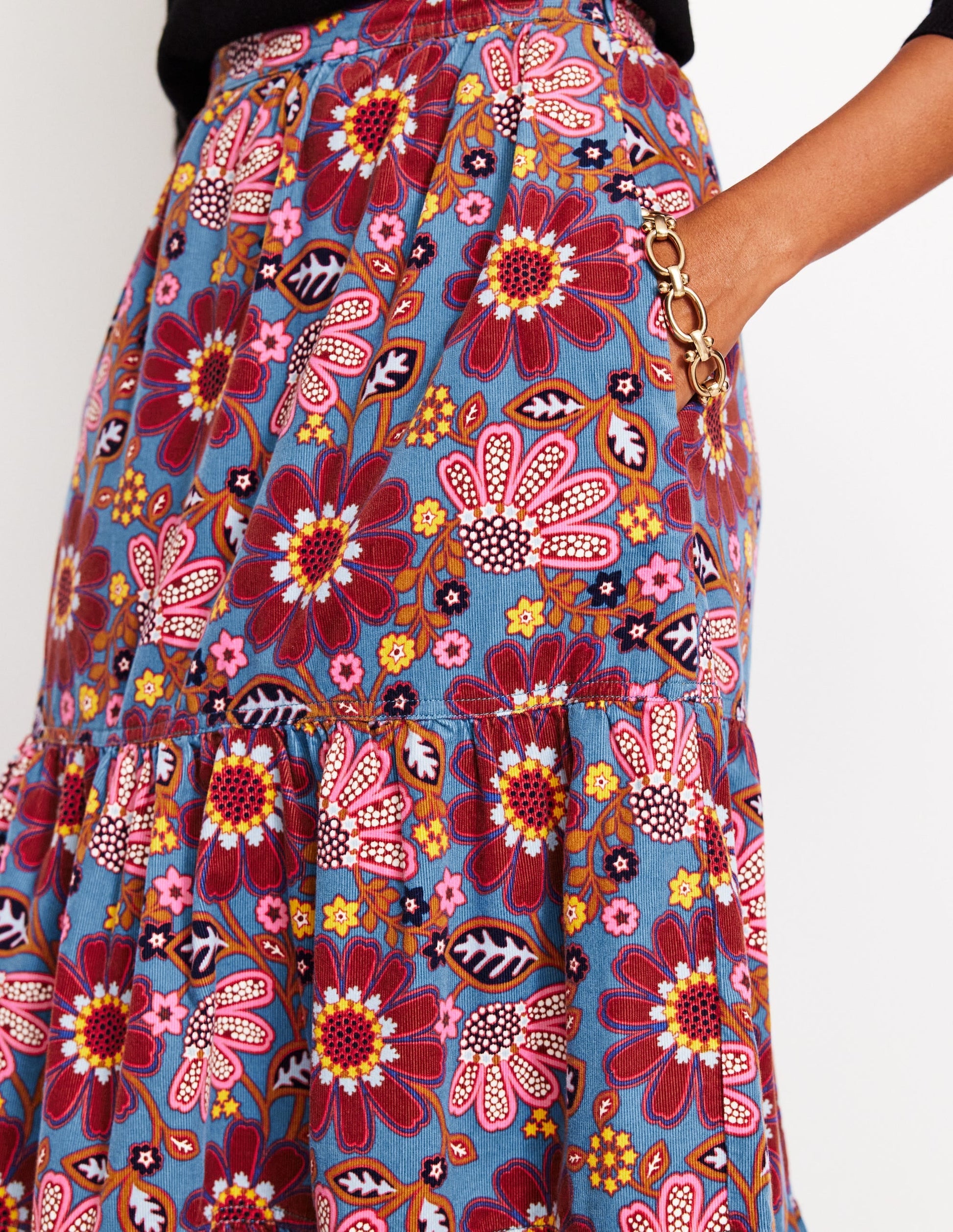 Viv Cord Tiered Maxi Skirt-French Navy, Cosmic Meadow-2