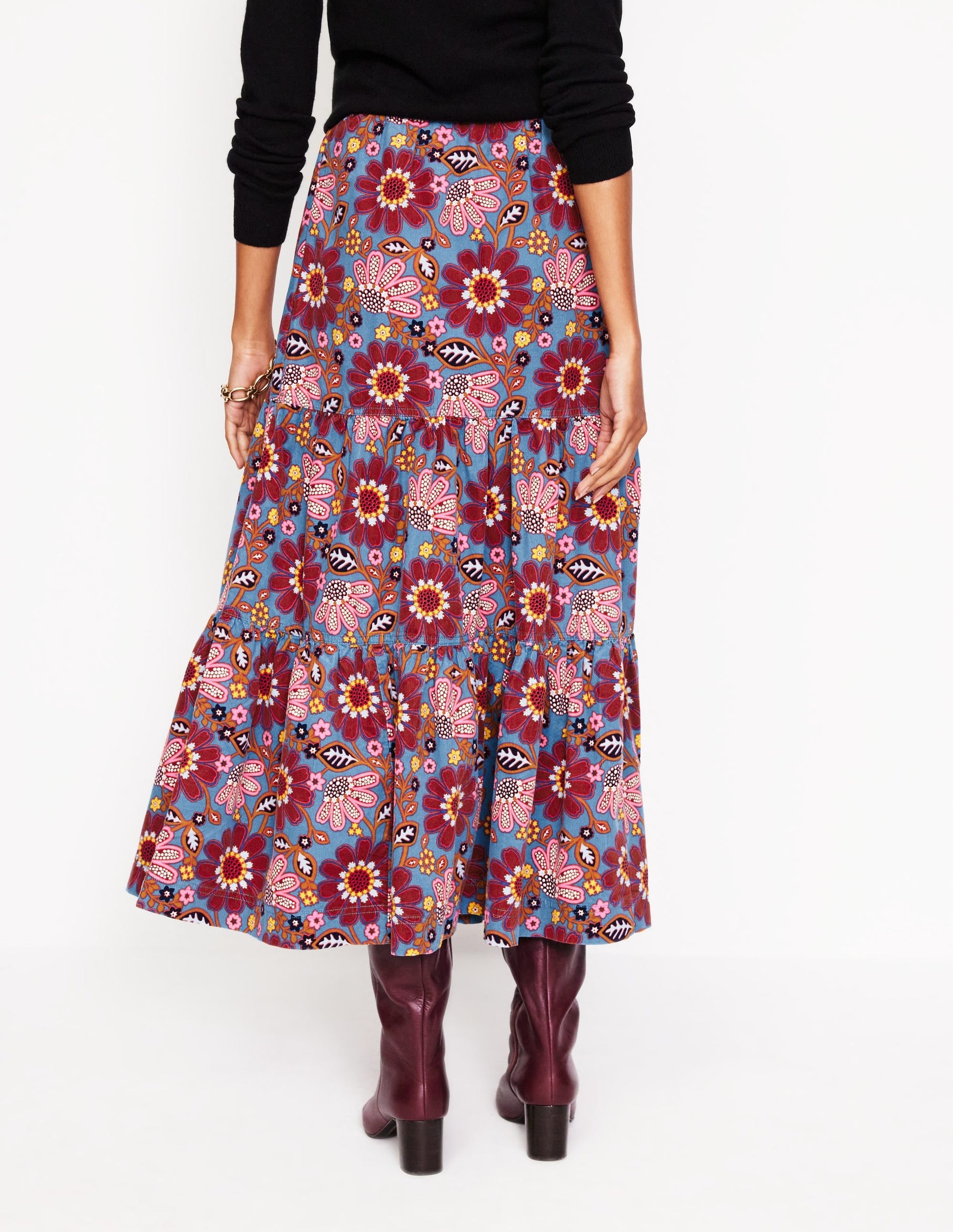 Viv Cord Tiered Maxi Skirt-French Navy, Cosmic Meadow-3