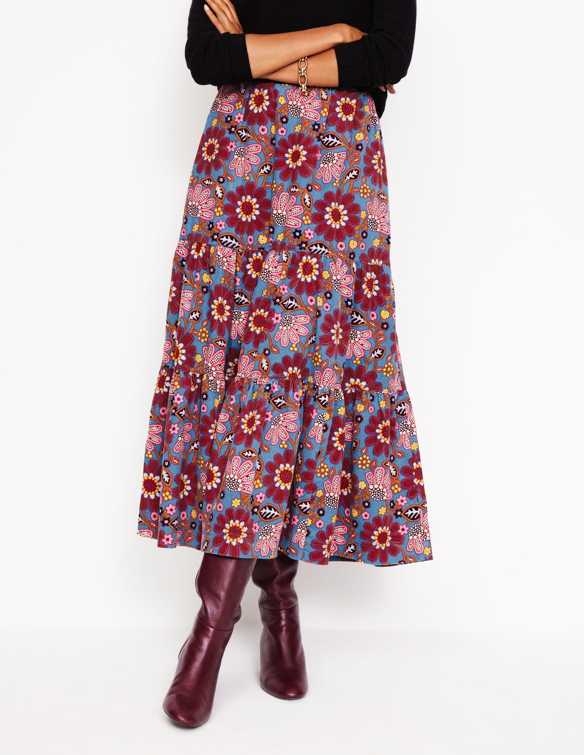 Viv Cord Tiered Maxi Skirt-French Navy, Cosmic Meadow-4