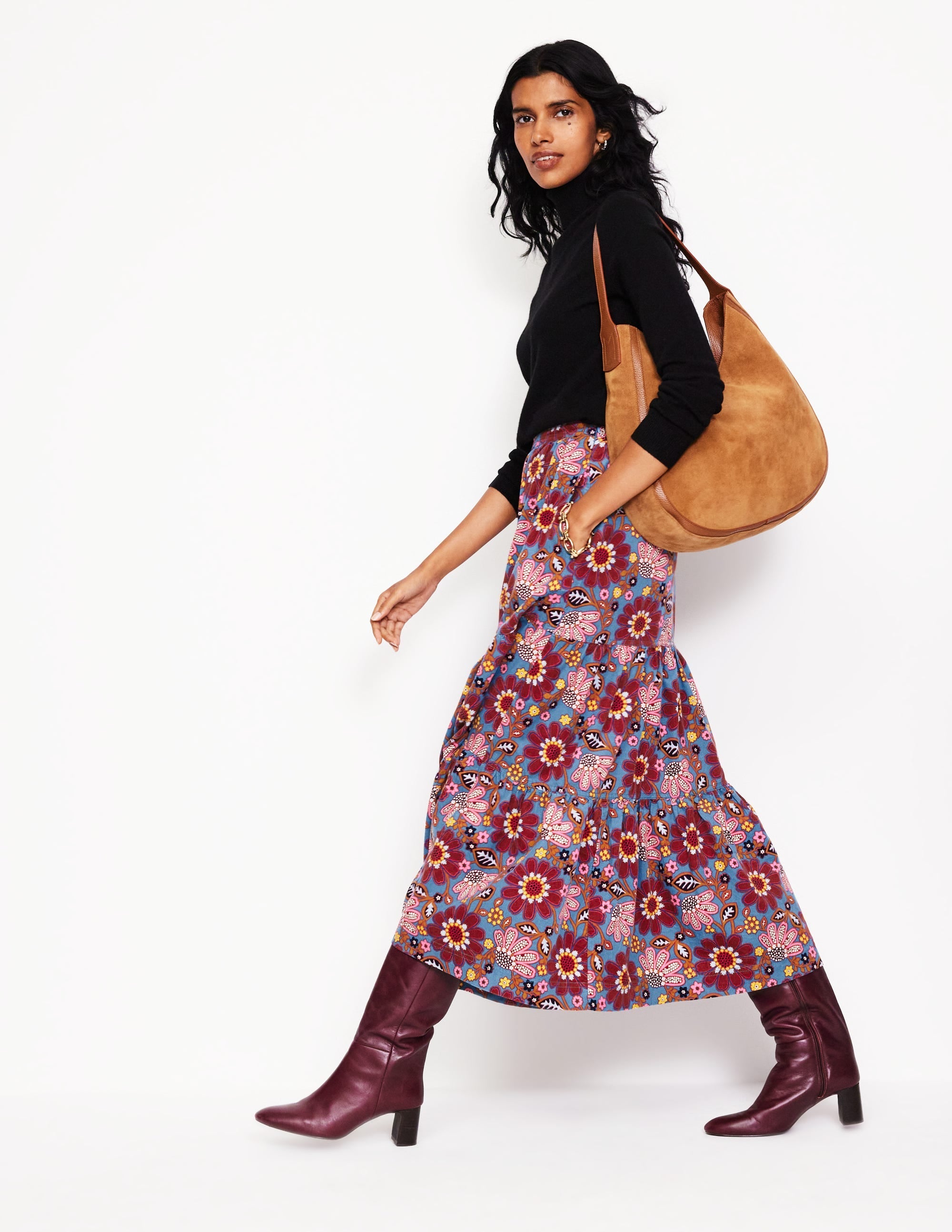 Viv Cord Tiered Maxi Skirt-French Navy, Cosmic Meadow - Image 5