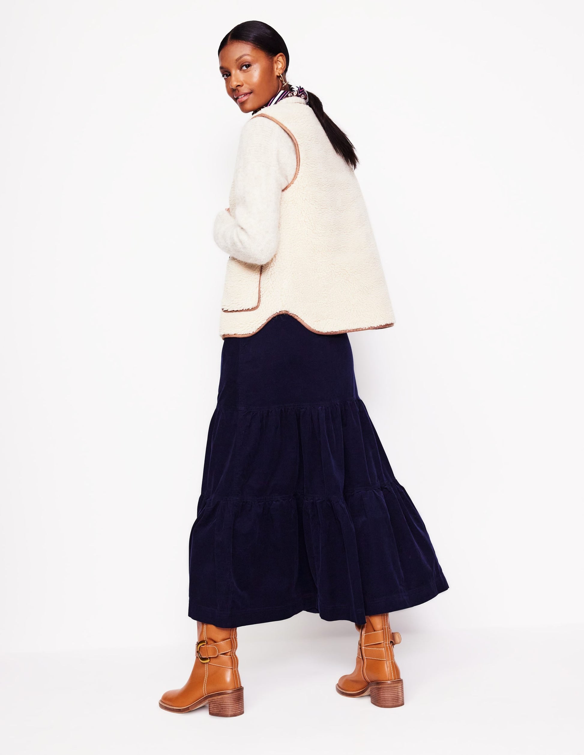 Viv Cord Tiered Maxi Skirt-Navy-1