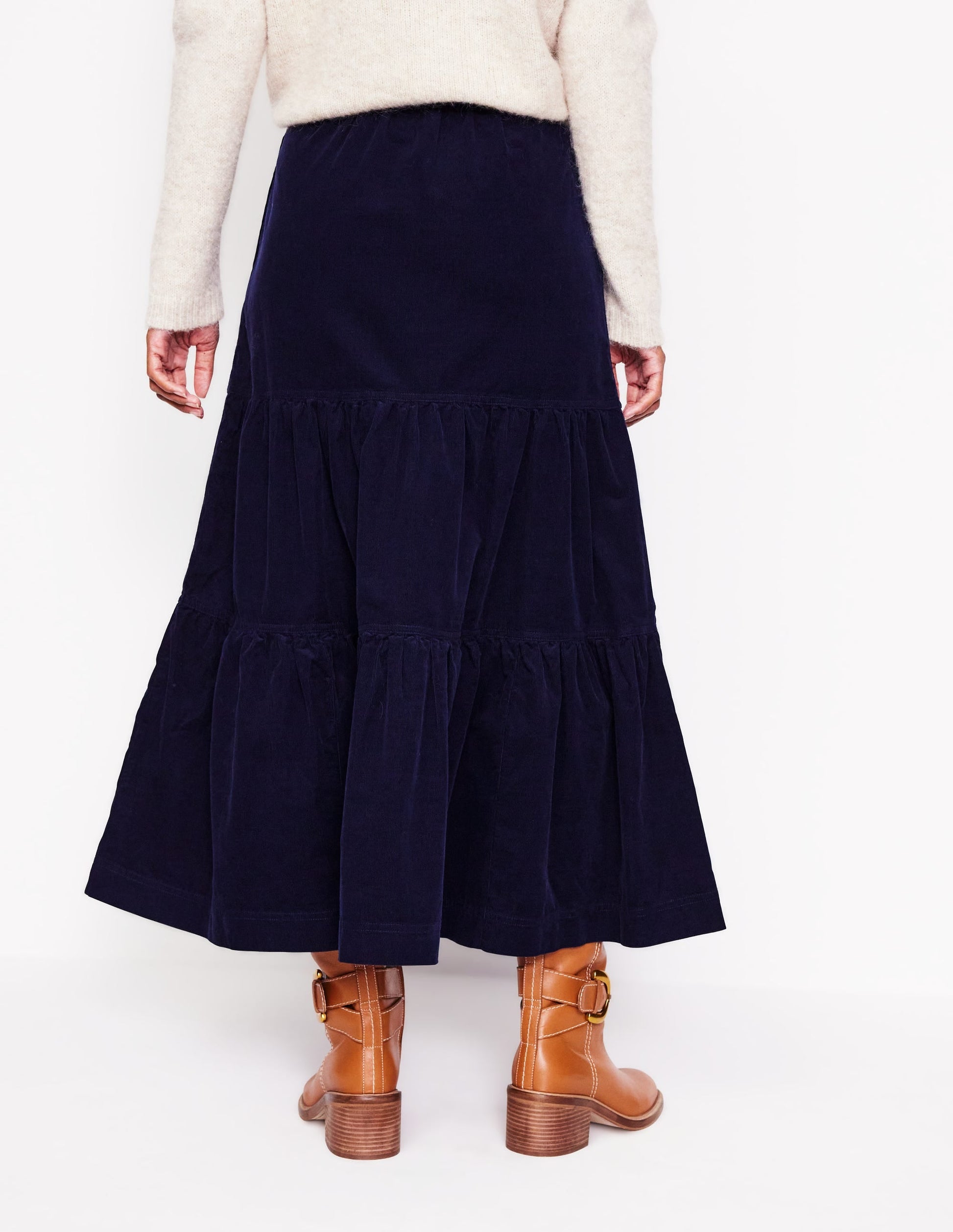 Viv Cord Tiered Maxi Skirt-Navy-3