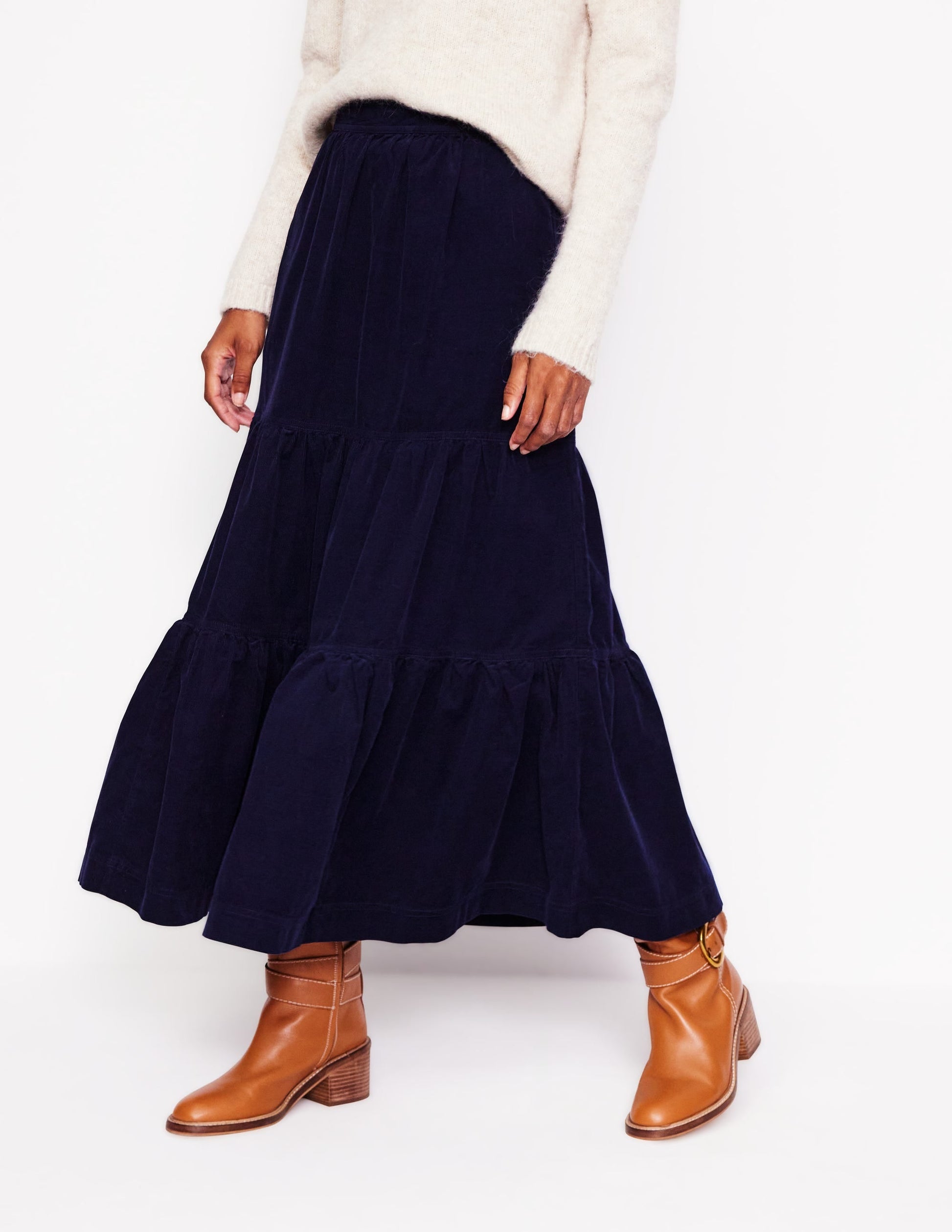 Viv Cord Tiered Maxi Skirt-Navy-4