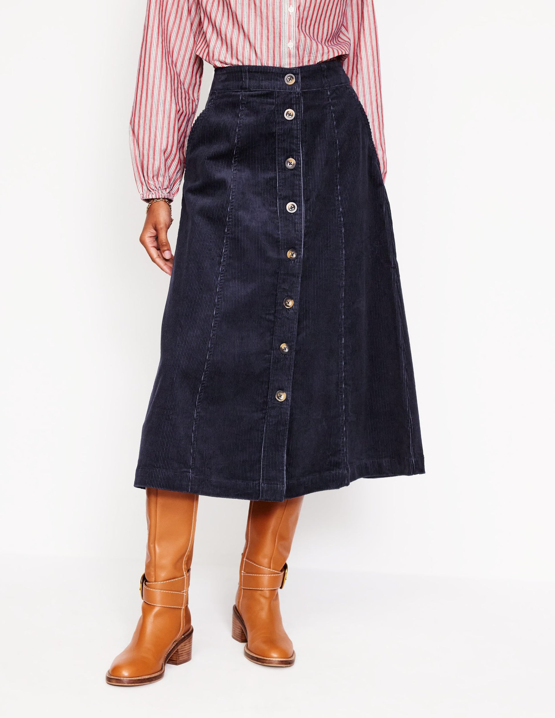 Petra Cord Midi Skirt-Navy-4