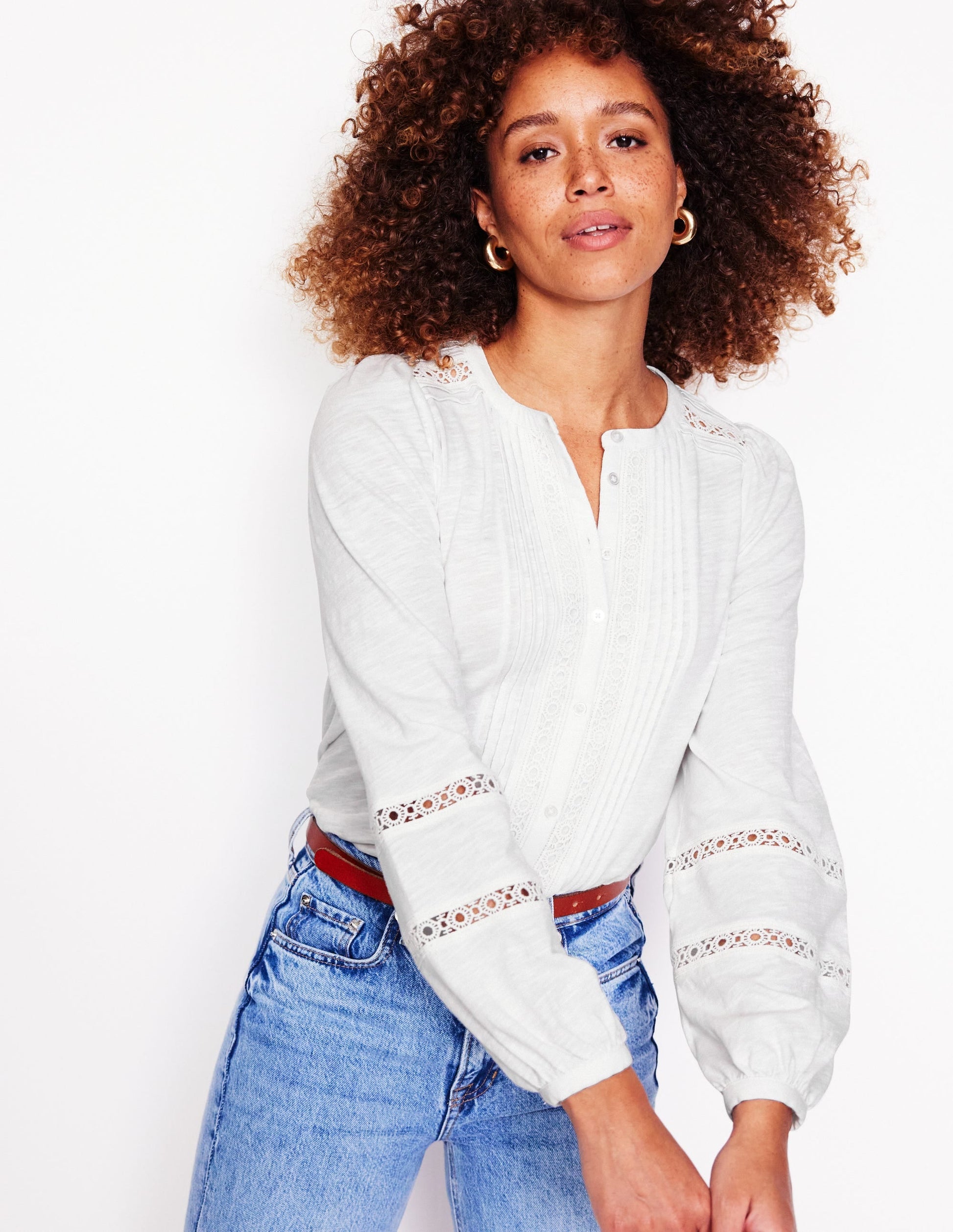 Marina Embroidered Shirt-White, Lace Trim-1