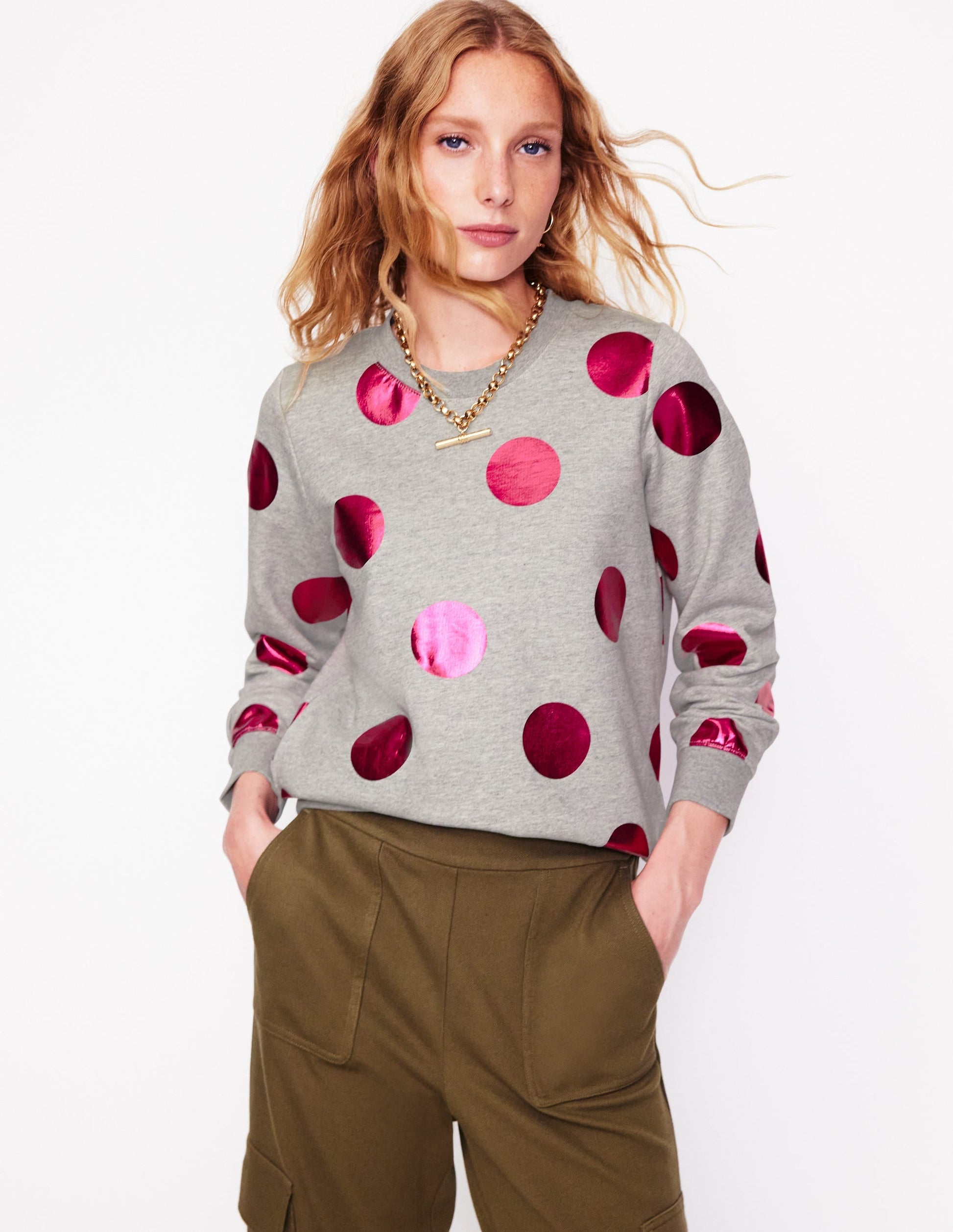 Hannah Printed Sweatshirt-Grey Marl, Pink Spot-1