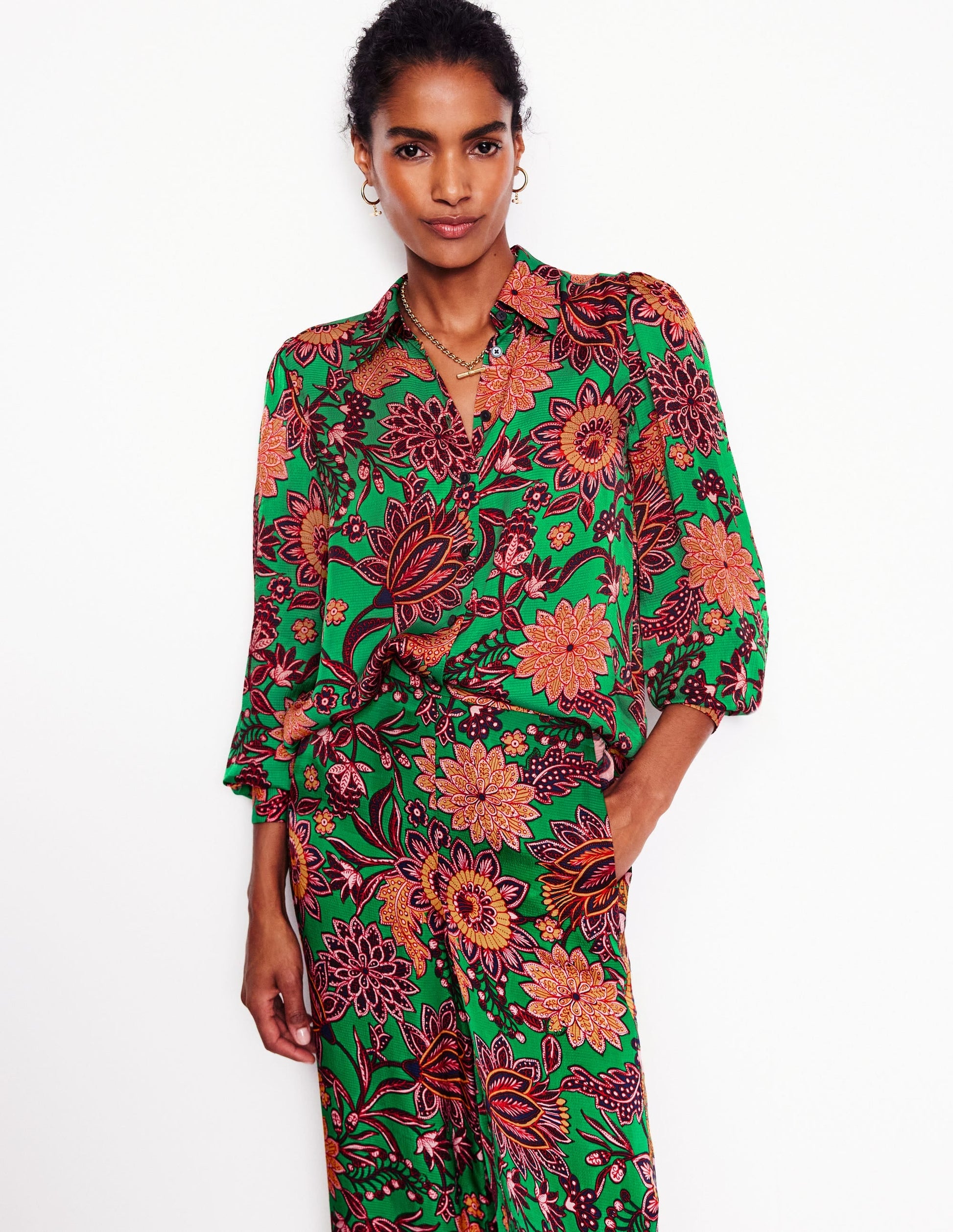 Hammered Satin Shirt-Green Tambourine, Ornate Bud-1