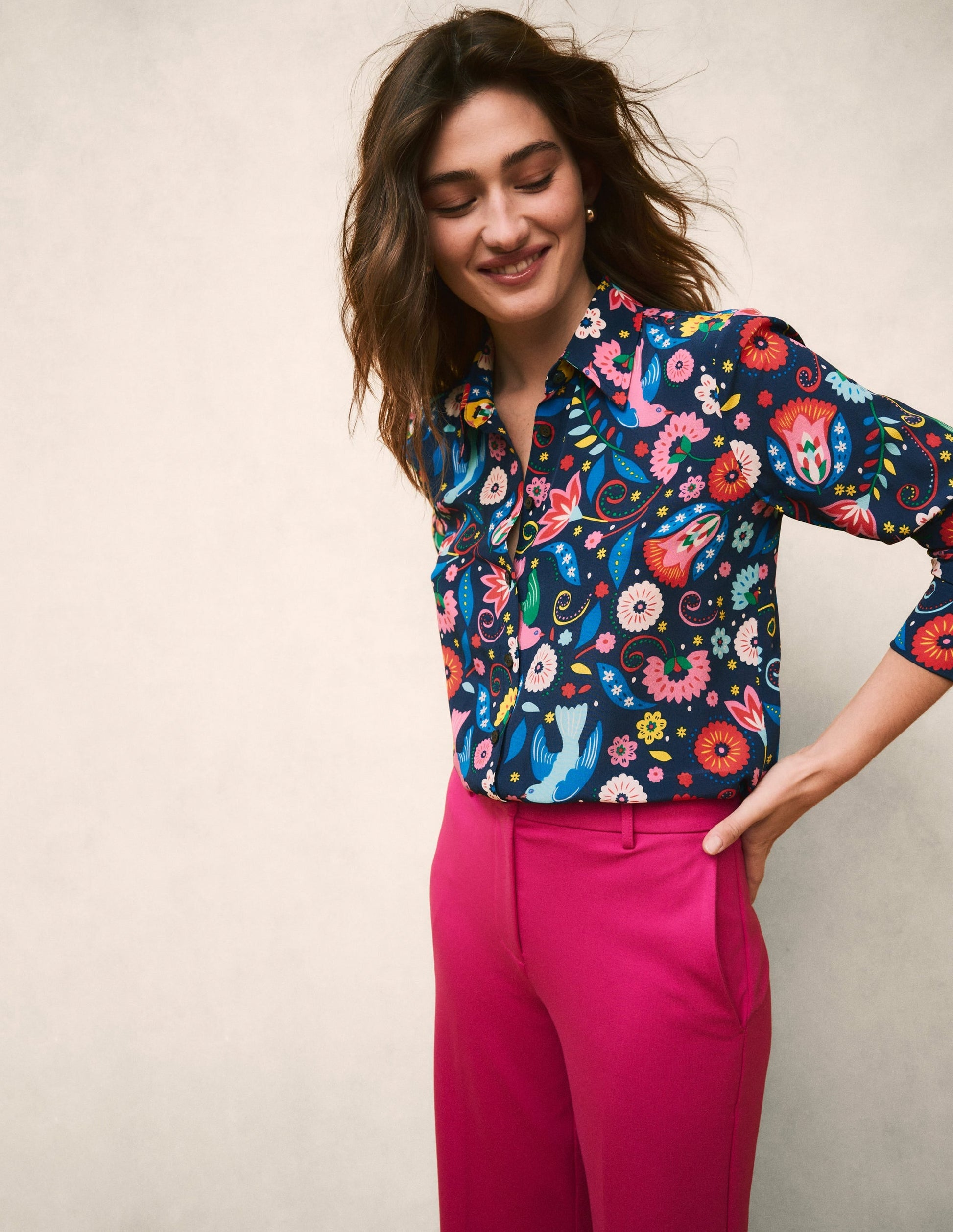 Sienna Silk Shirt-French Navy, Decorative Garden-2