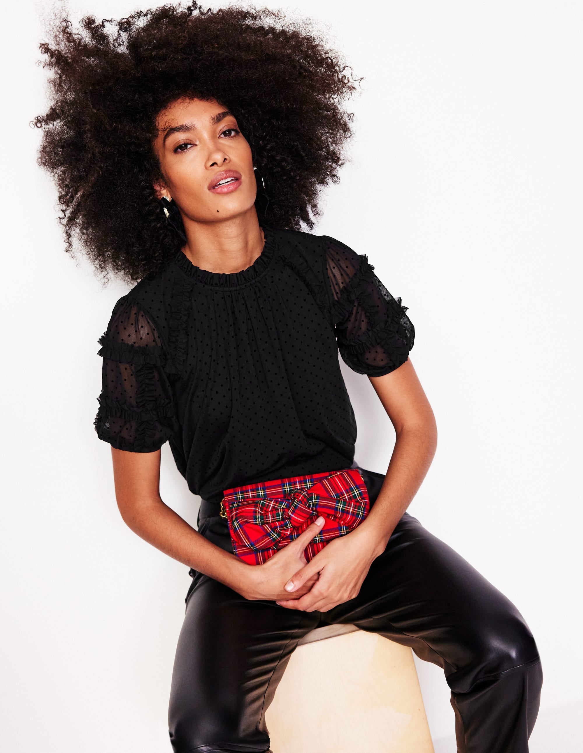 Short-Sleeve Spotty Tulle Top-Black - Image 1