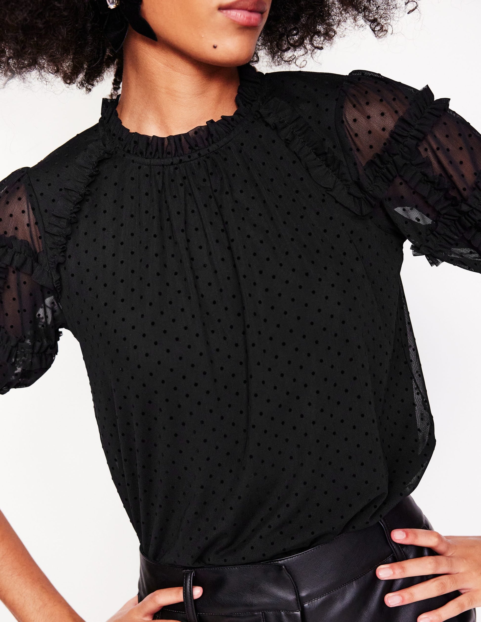 Short-Sleeve Spotty Tulle Top-Black-2