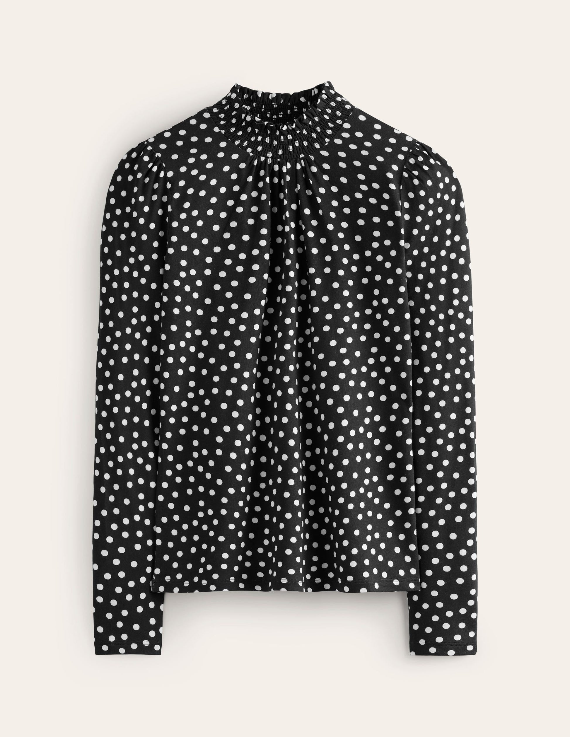 Smocked Neck Printed Top-Black, Milkshake Spot-5