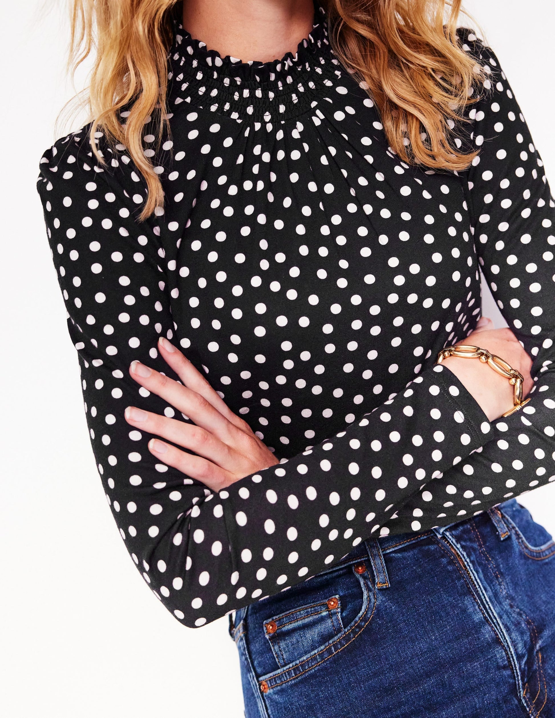 Smocked Neck Printed Top-Black, Milkshake Spot-2