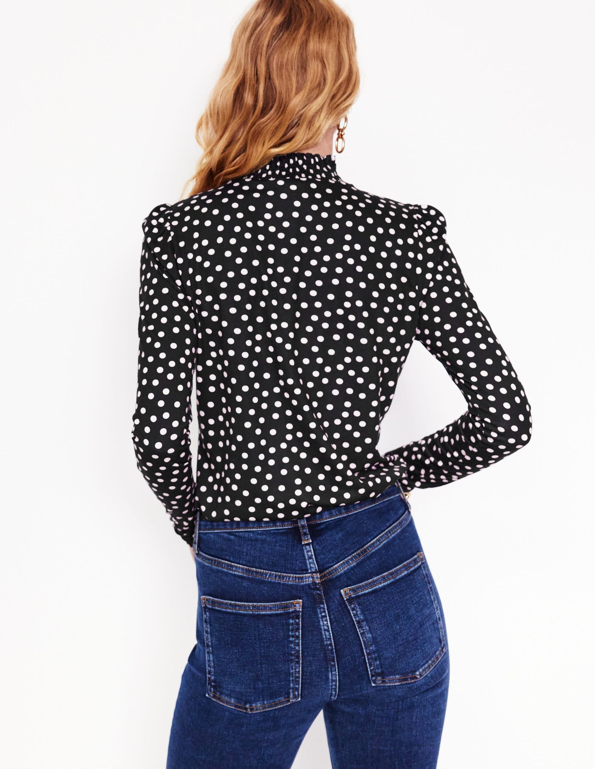 Smocked Neck Printed Top-Black, Milkshake Spot-3