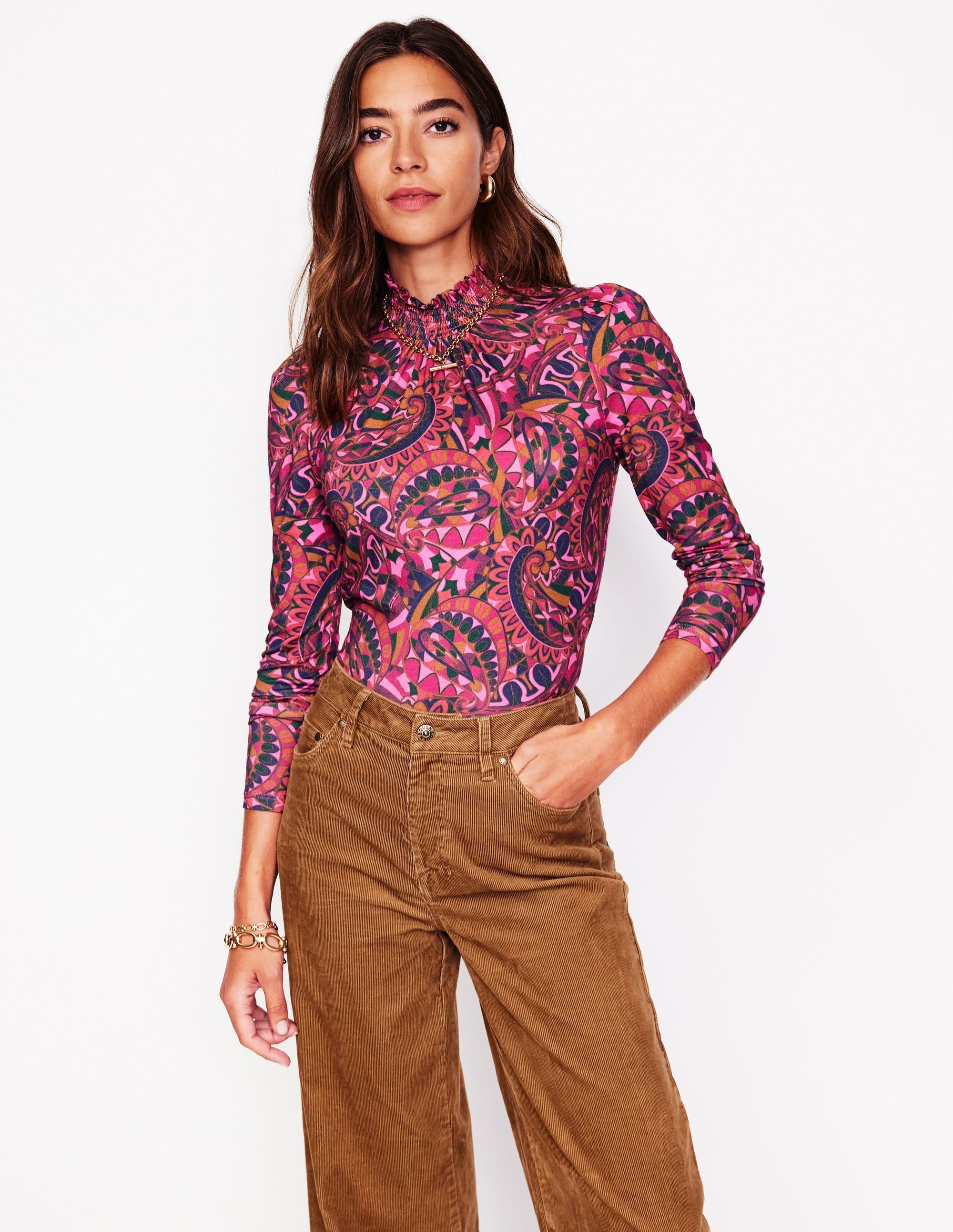 Smocked Neck Printed Top-Jam, Kaleidoscopic Paisley - Image 1