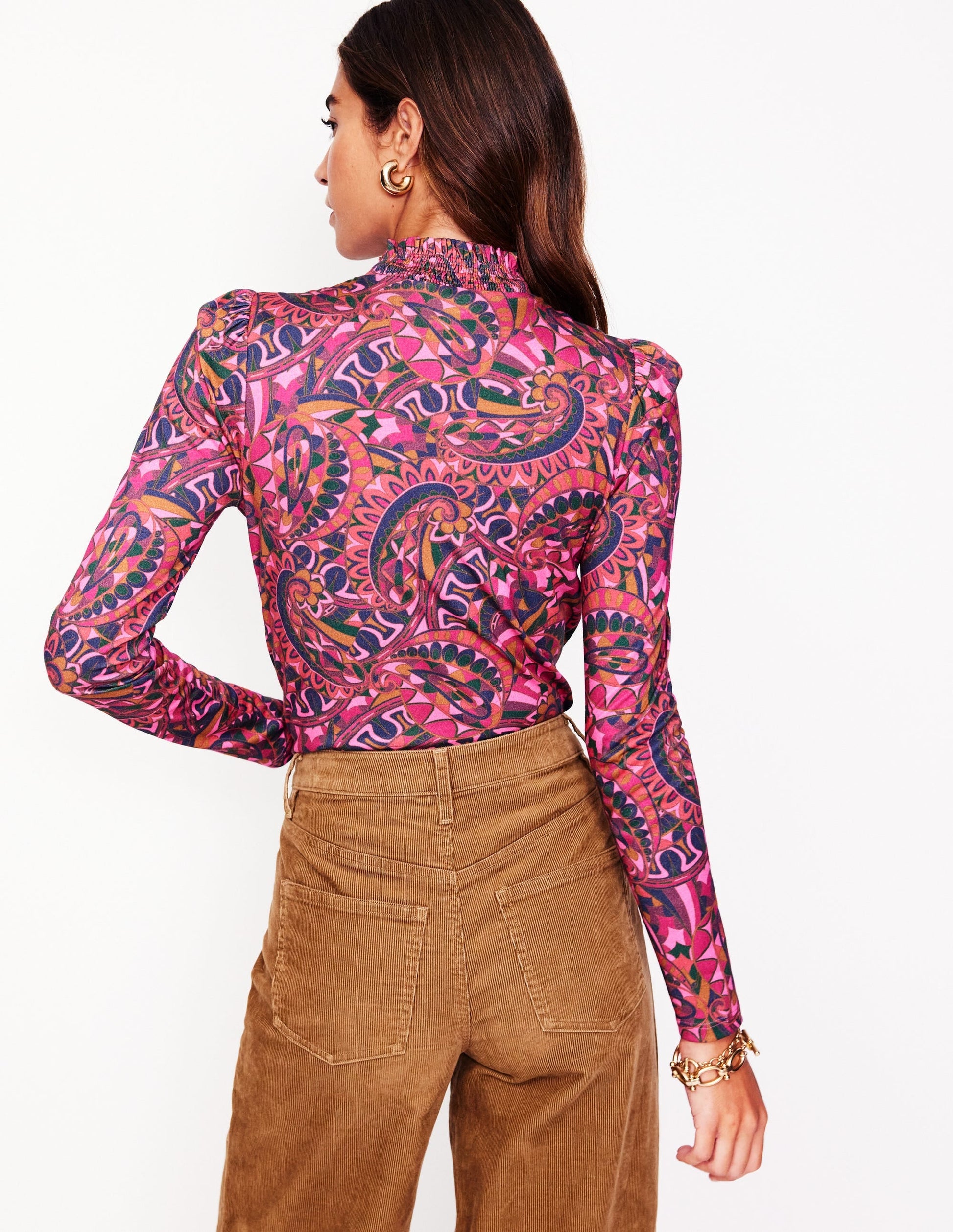 Smocked Neck Printed Top-Jam, Kaleidoscopic Paisley-3