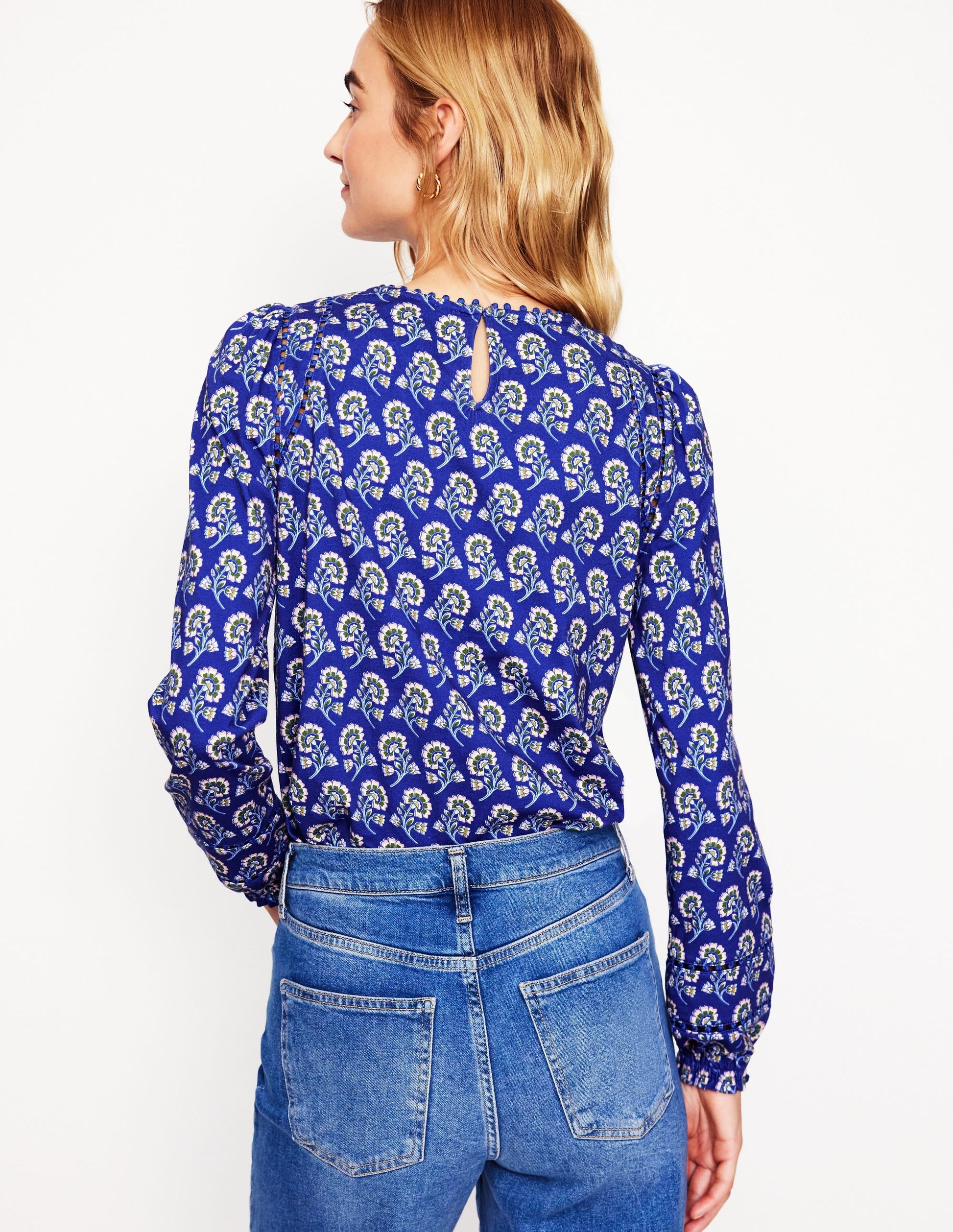 Mila Long Sleeve Top-Sapphire Blue, Azalea Sprig-3