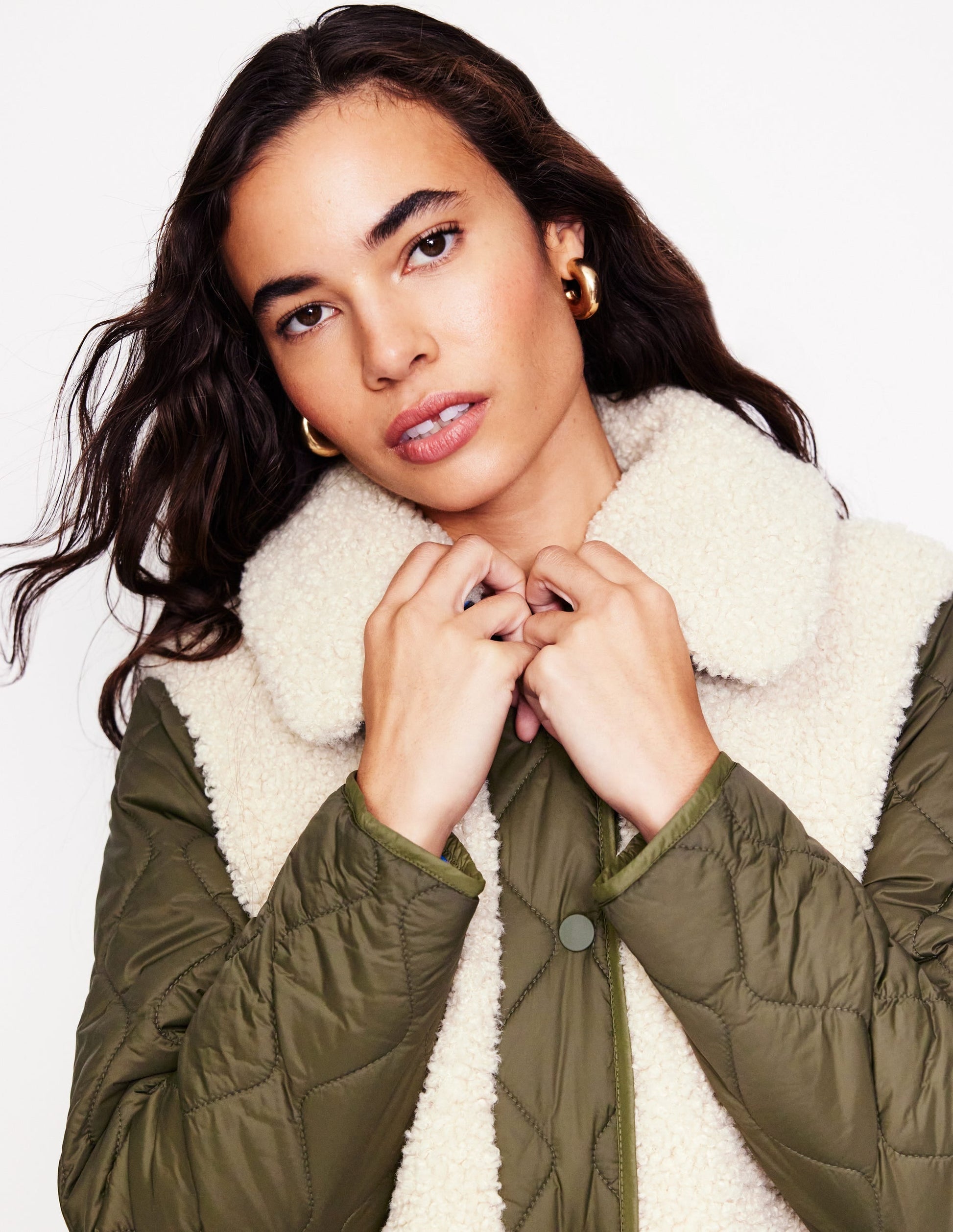 Chester Quilted Borg Coat-Winter Moss, Ivory-1