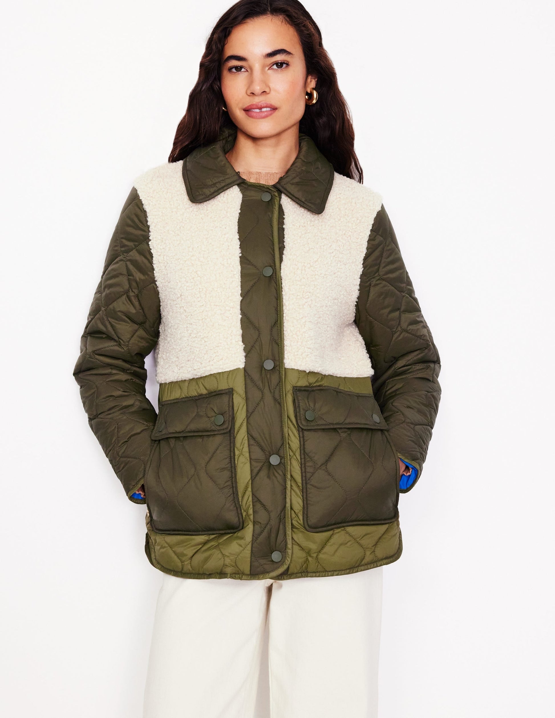 Chester Quilted Borg Coat-Winter Moss, Ivory-2