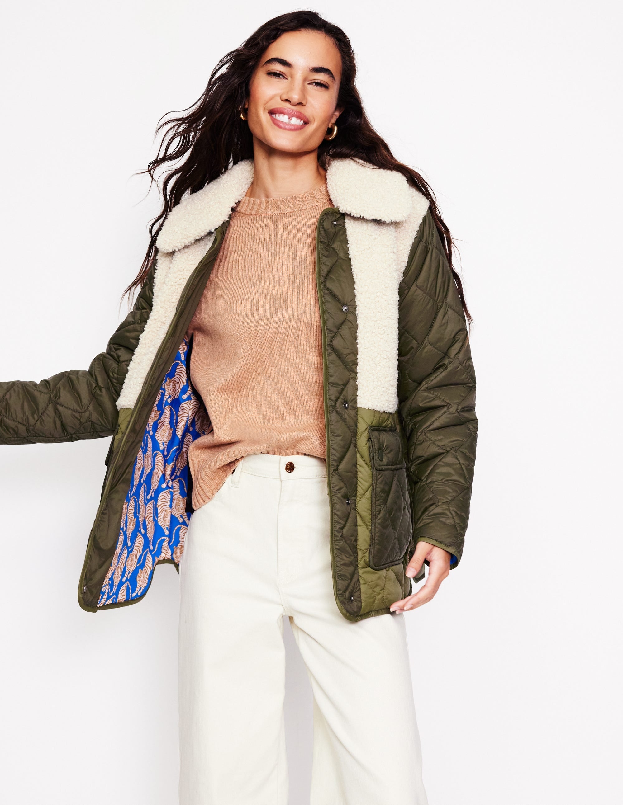 Chester Quilted Borg Coat-Winter Moss, Ivory - Image 4