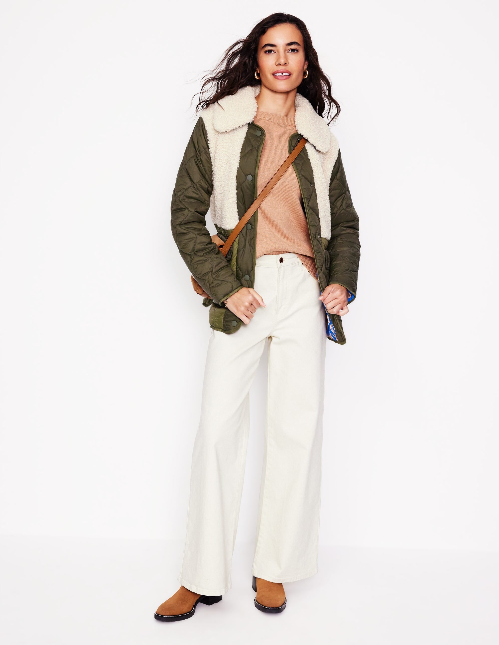 Chester Quilted Borg Coat-Winter Moss, Ivory - Image 5