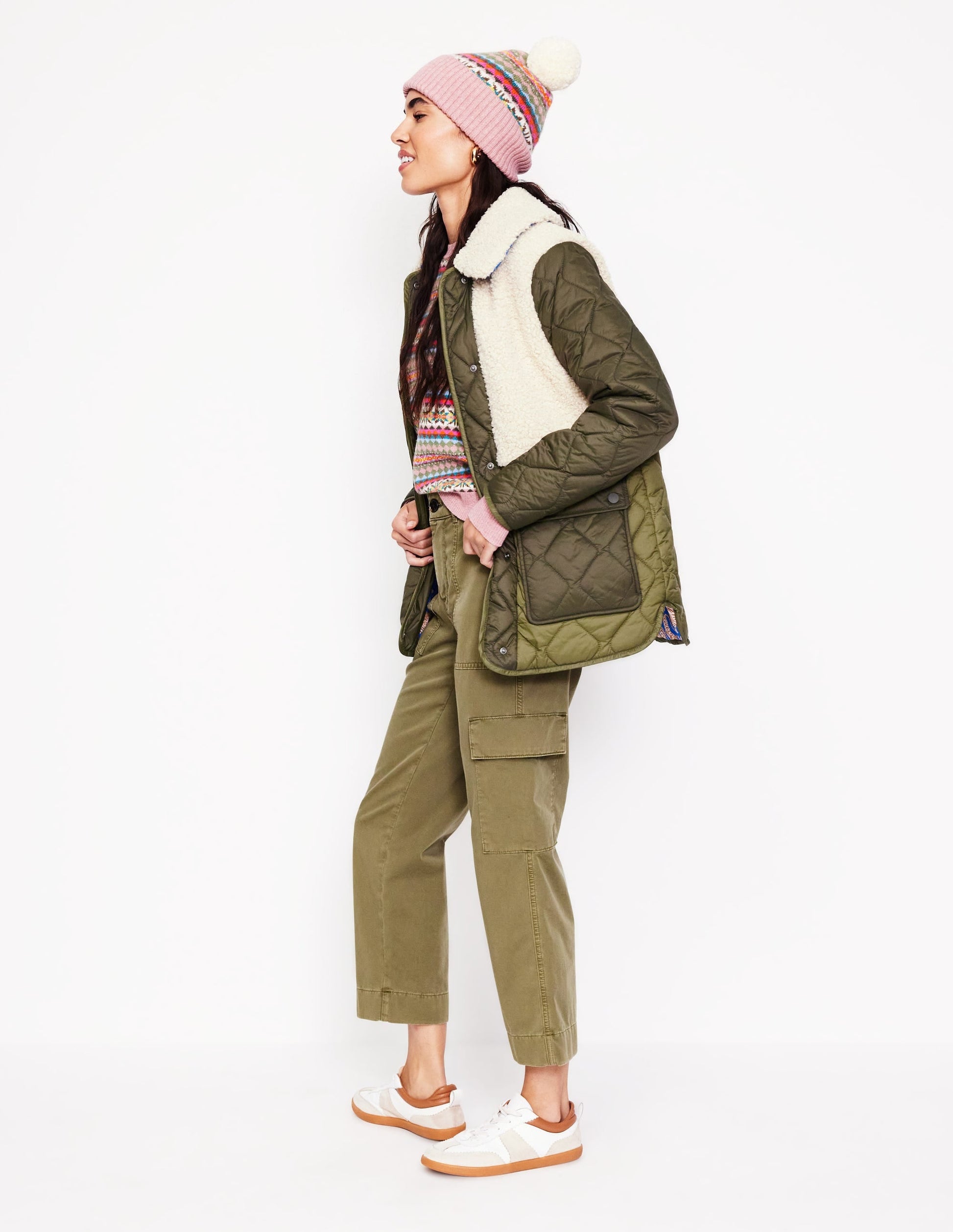 Chester Quilted Borg Coat-Winter Moss, Ivory-6