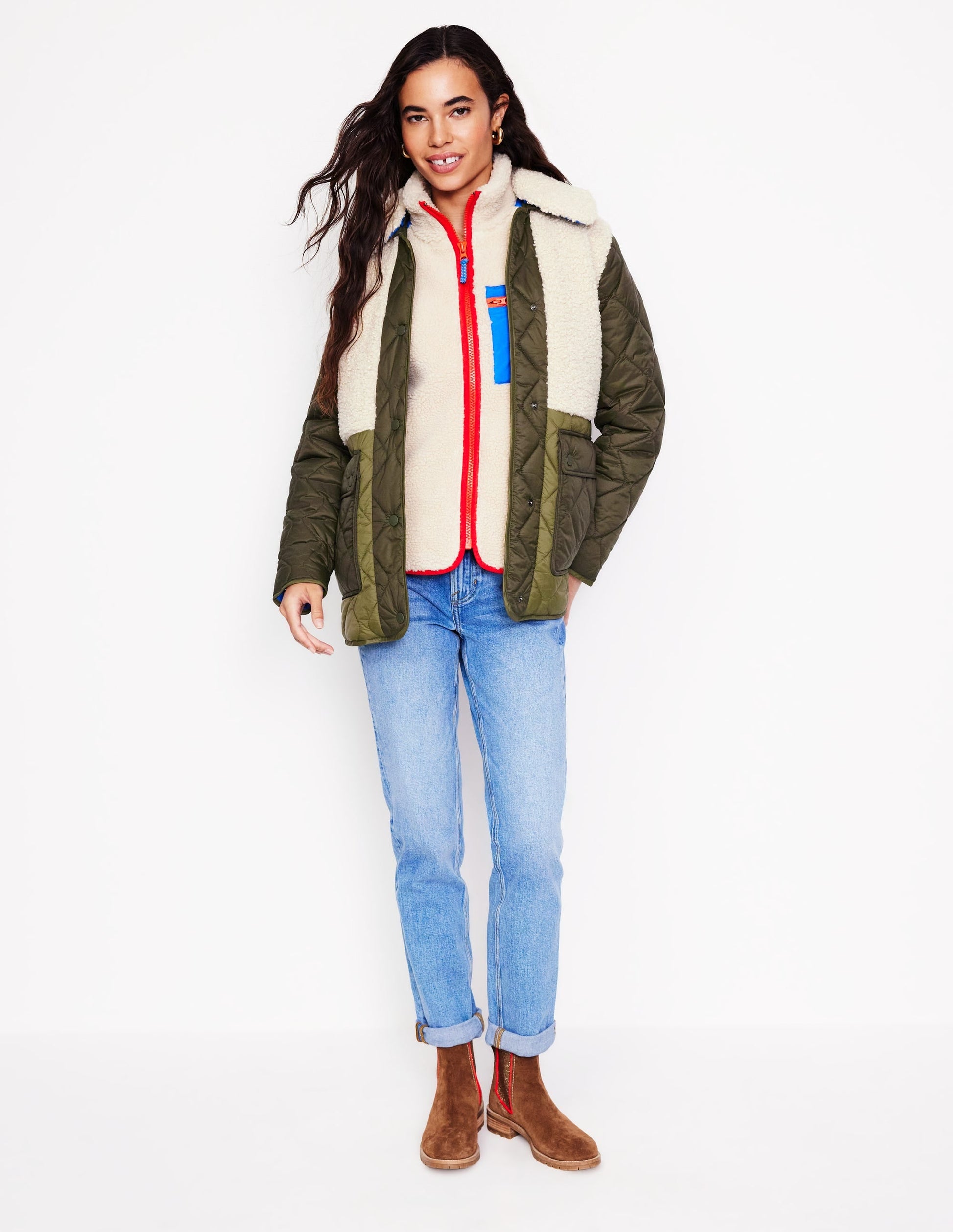 Chester Quilted Borg Coat-Winter Moss, Ivory-7