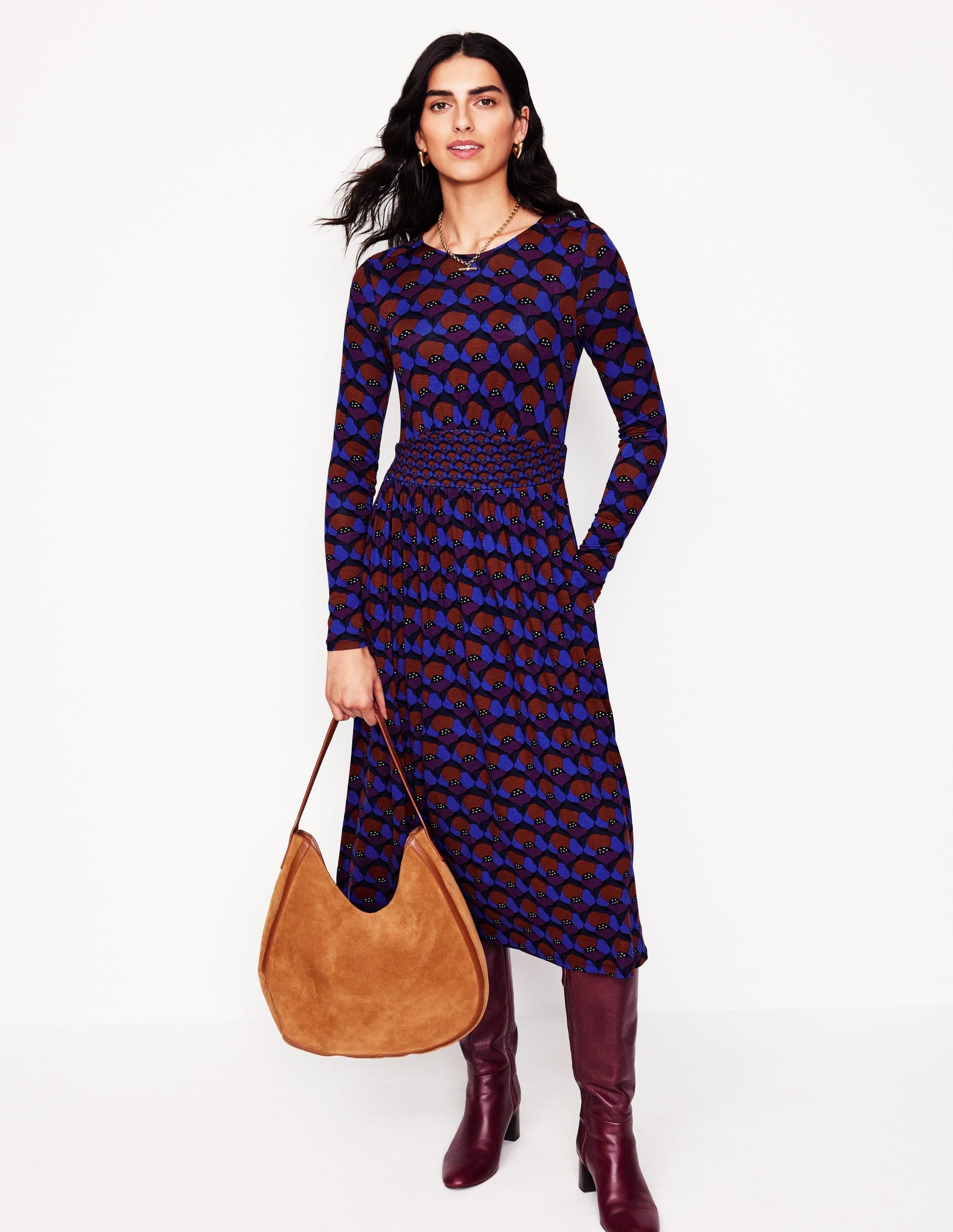 Thea Long Sleeve Jersey Dress-Damson, Poppy Stamp-1