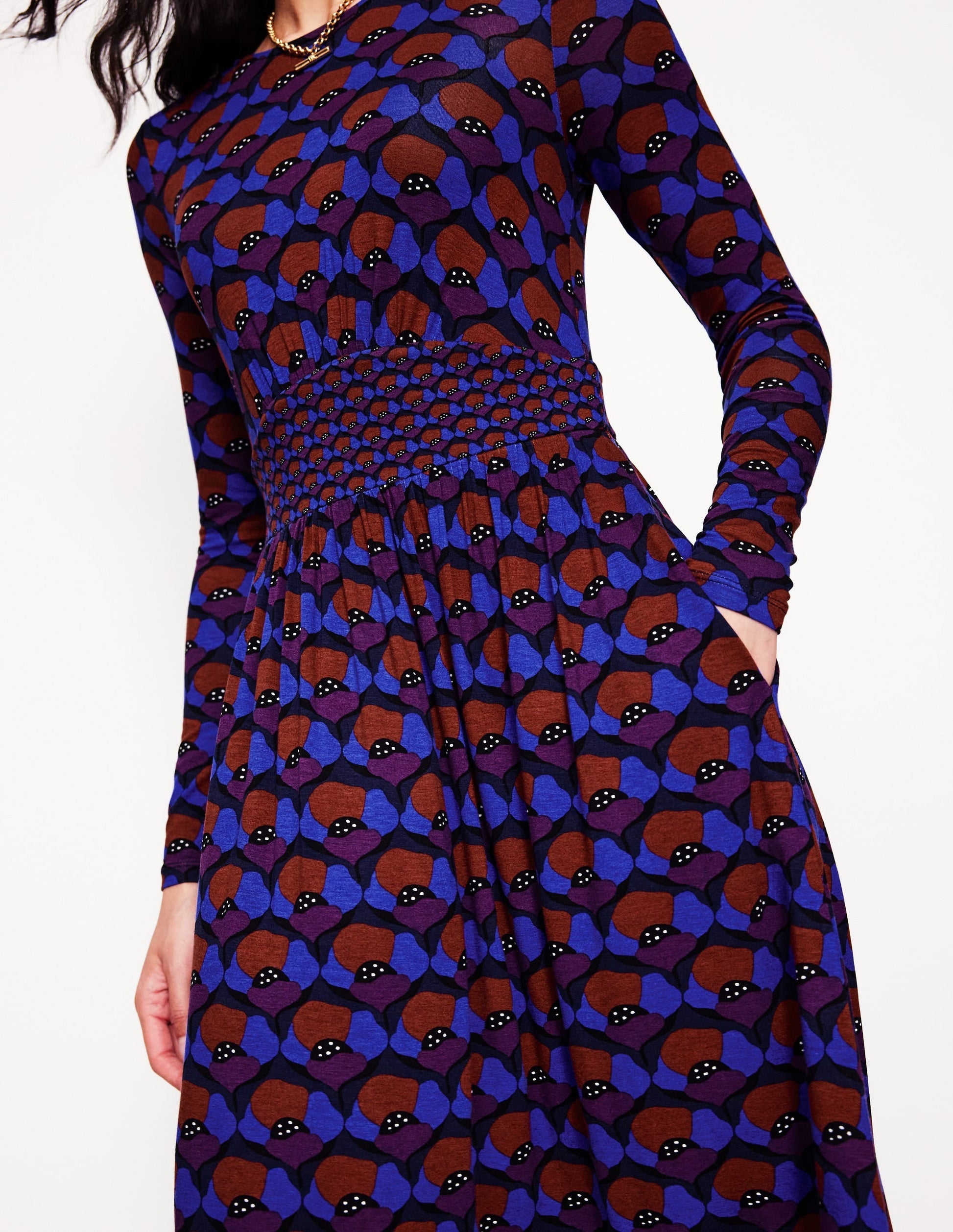 Thea Long Sleeve Jersey Dress-Damson, Poppy Stamp-2