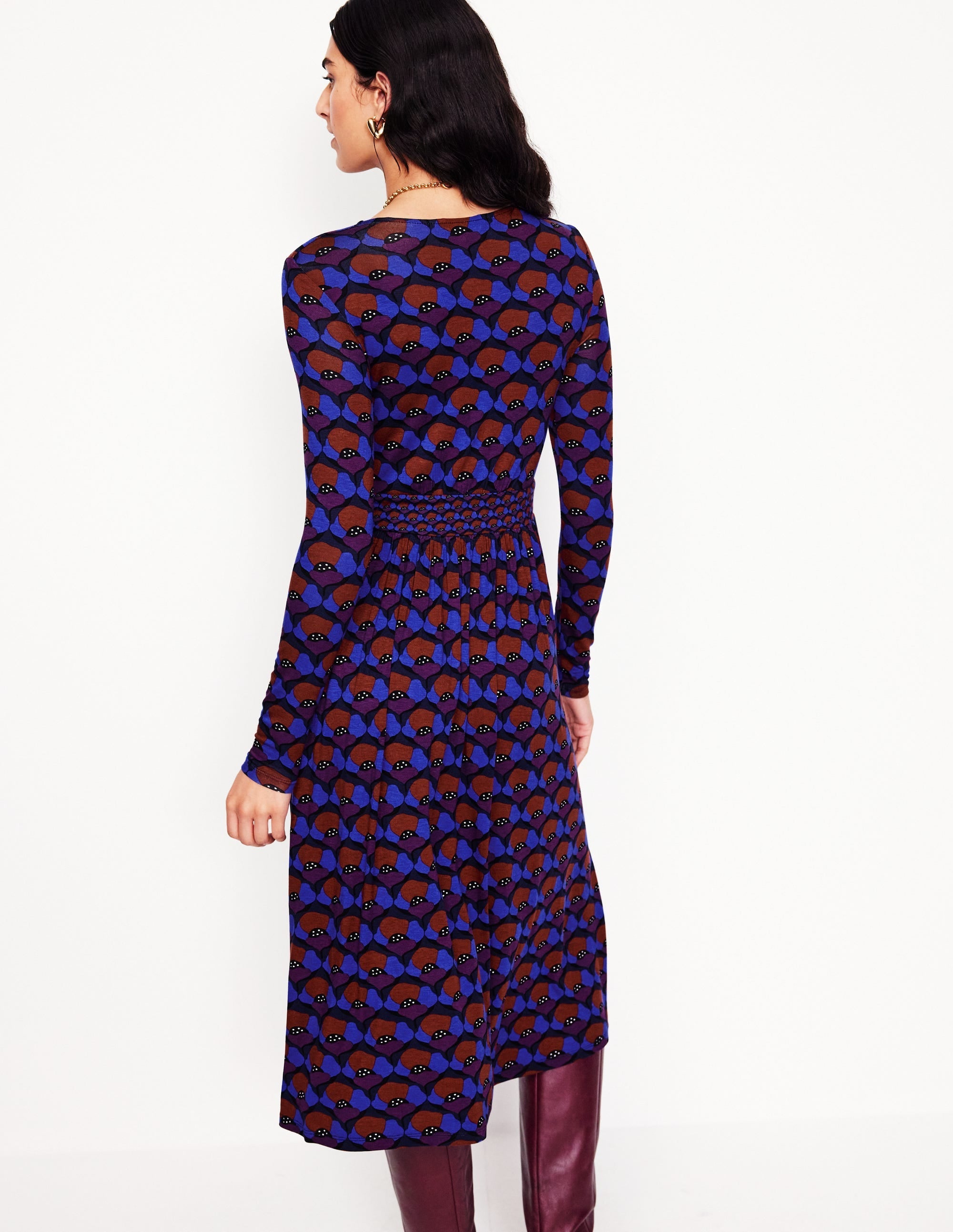 Thea Long Sleeve Jersey Dress-Damson, Poppy Stamp - Image 3