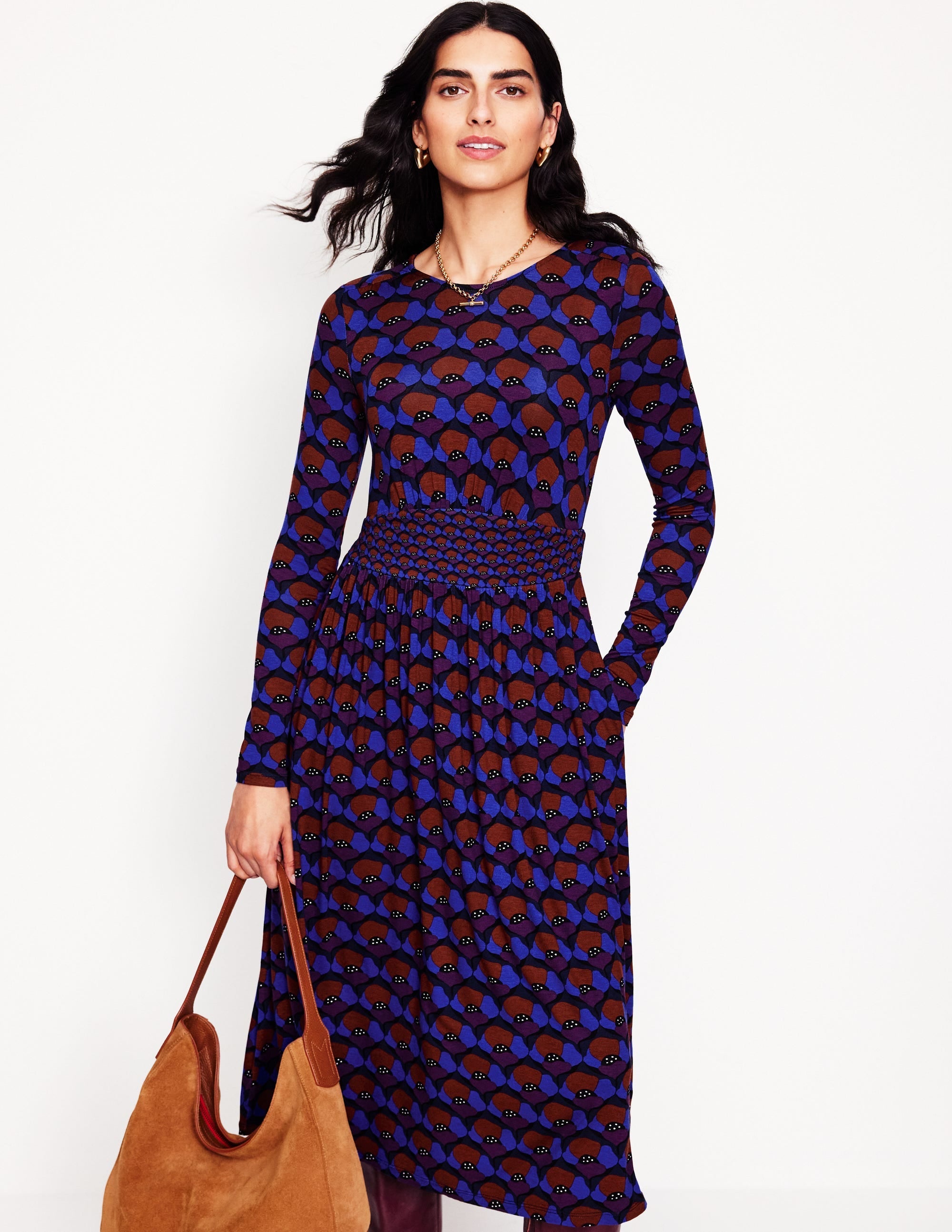 Thea Long Sleeve Jersey Dress-Damson, Poppy Stamp - Image 4