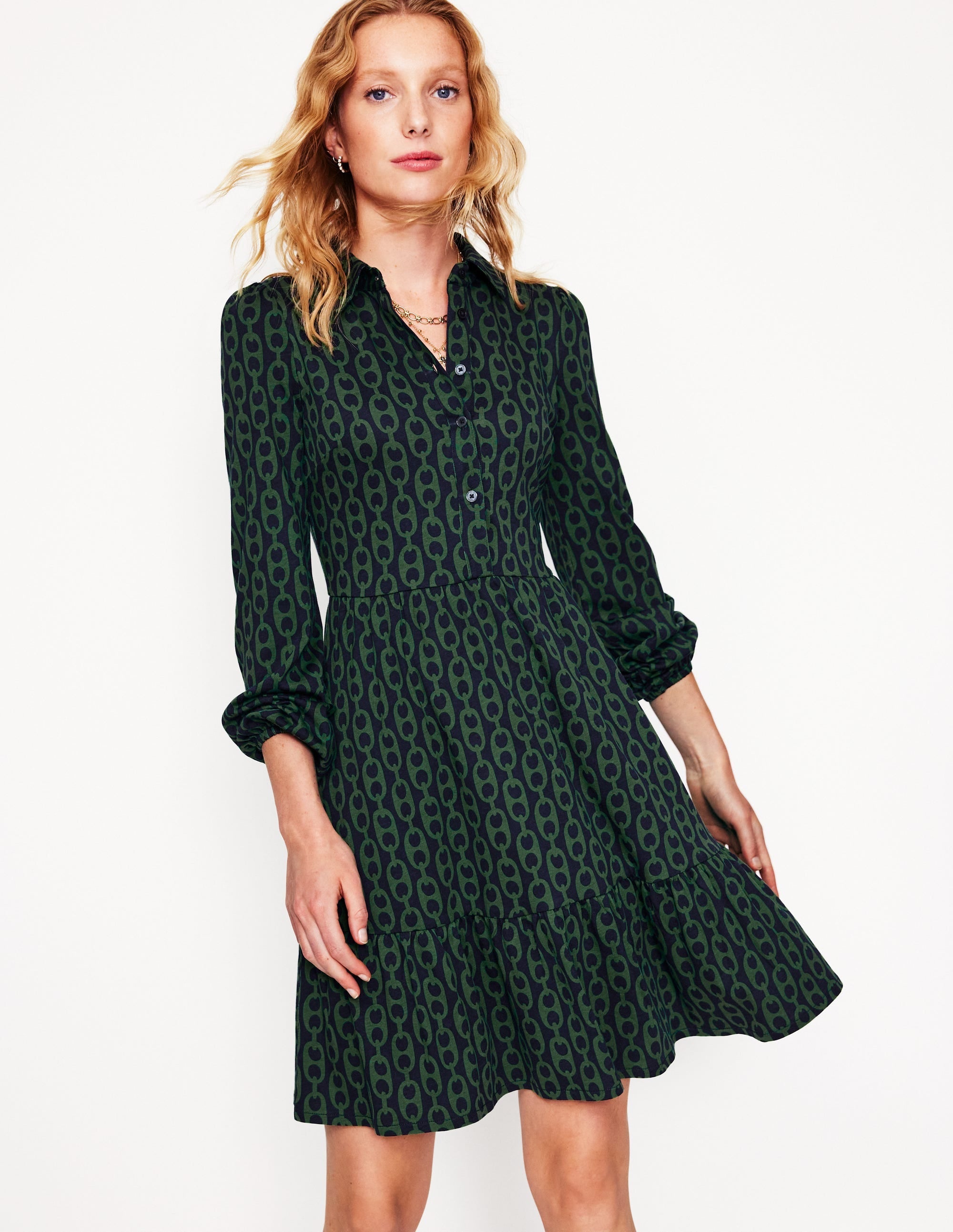 Jemima Tiered Jersey Dress-Pine, Geo Chain - Image 1