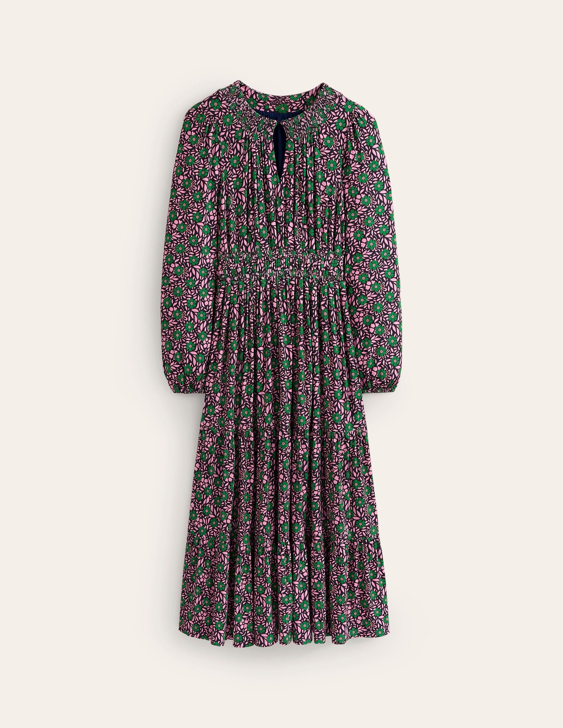 Smock Tiered Jersey Midi Dress-Sherbet, Foliage Cluster-5