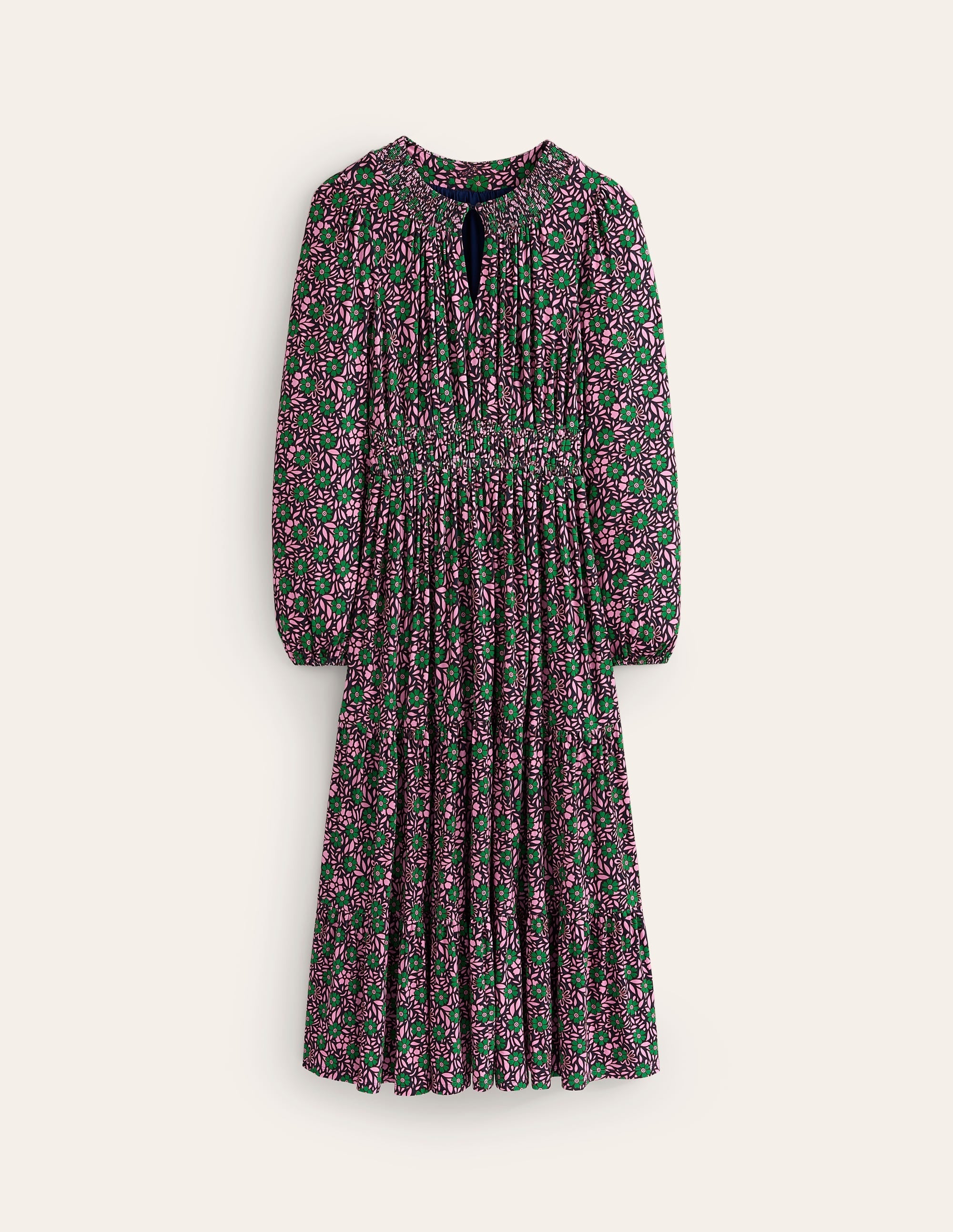 Smock Tiered Jersey Midi Dress-Sherbet, Foliage Cluster - Image 5