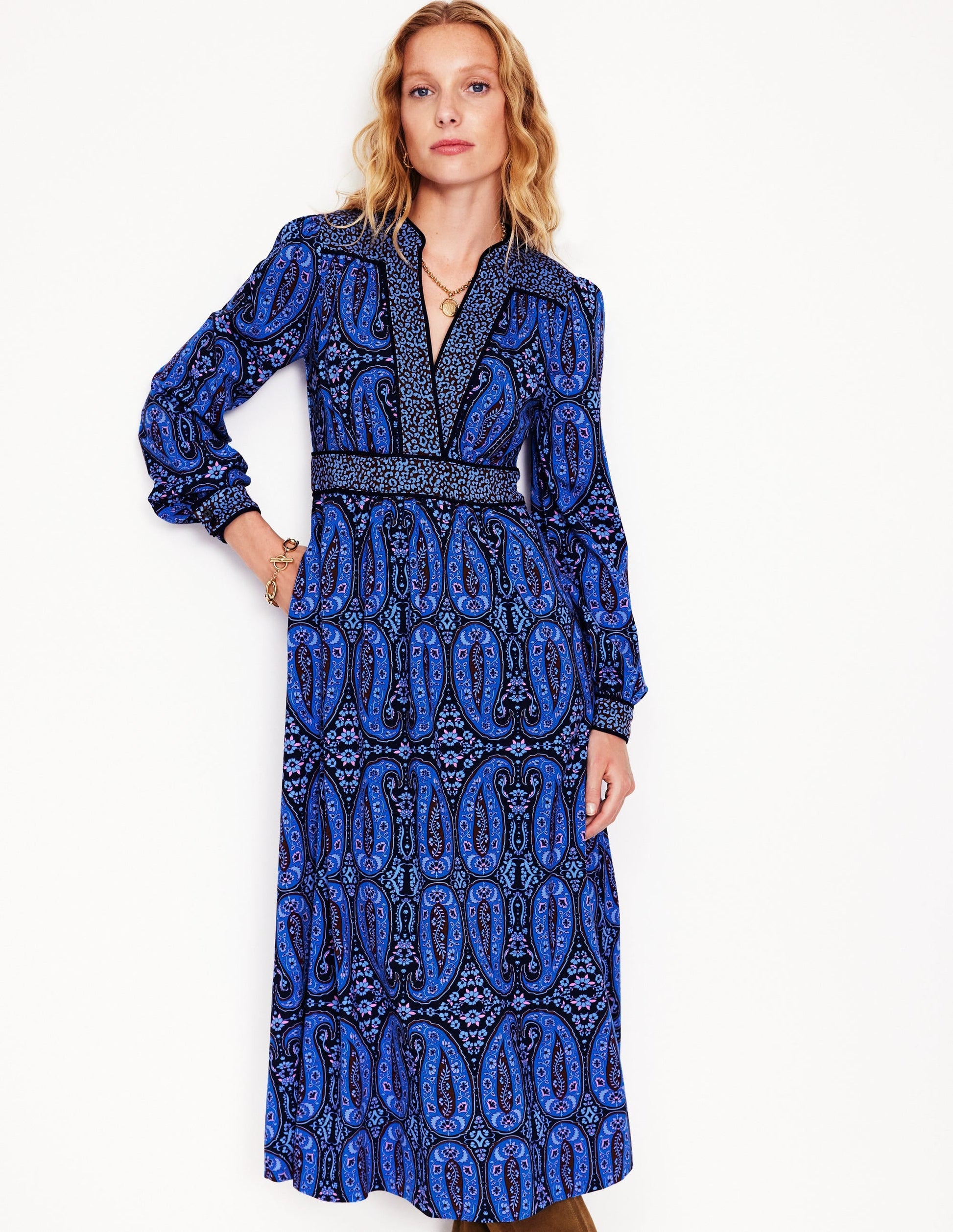 Hotched Ponte Dress-Blue, Paisley Bud-1