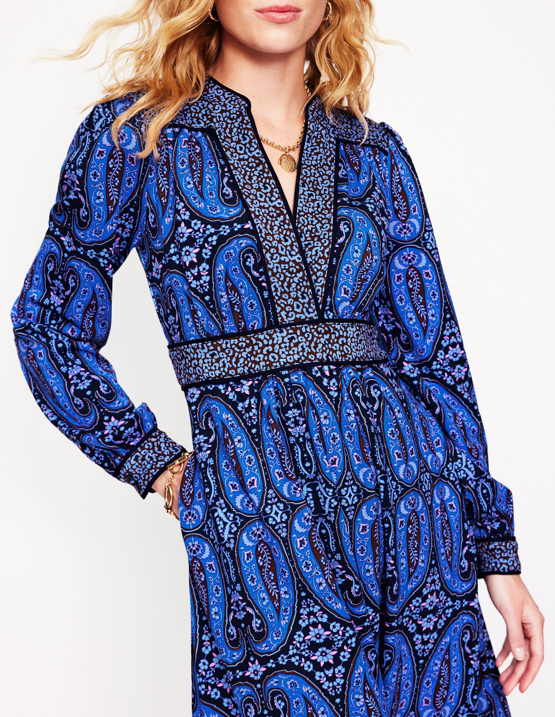 Hotched Ponte Dress-Blue, Paisley Bud-2
