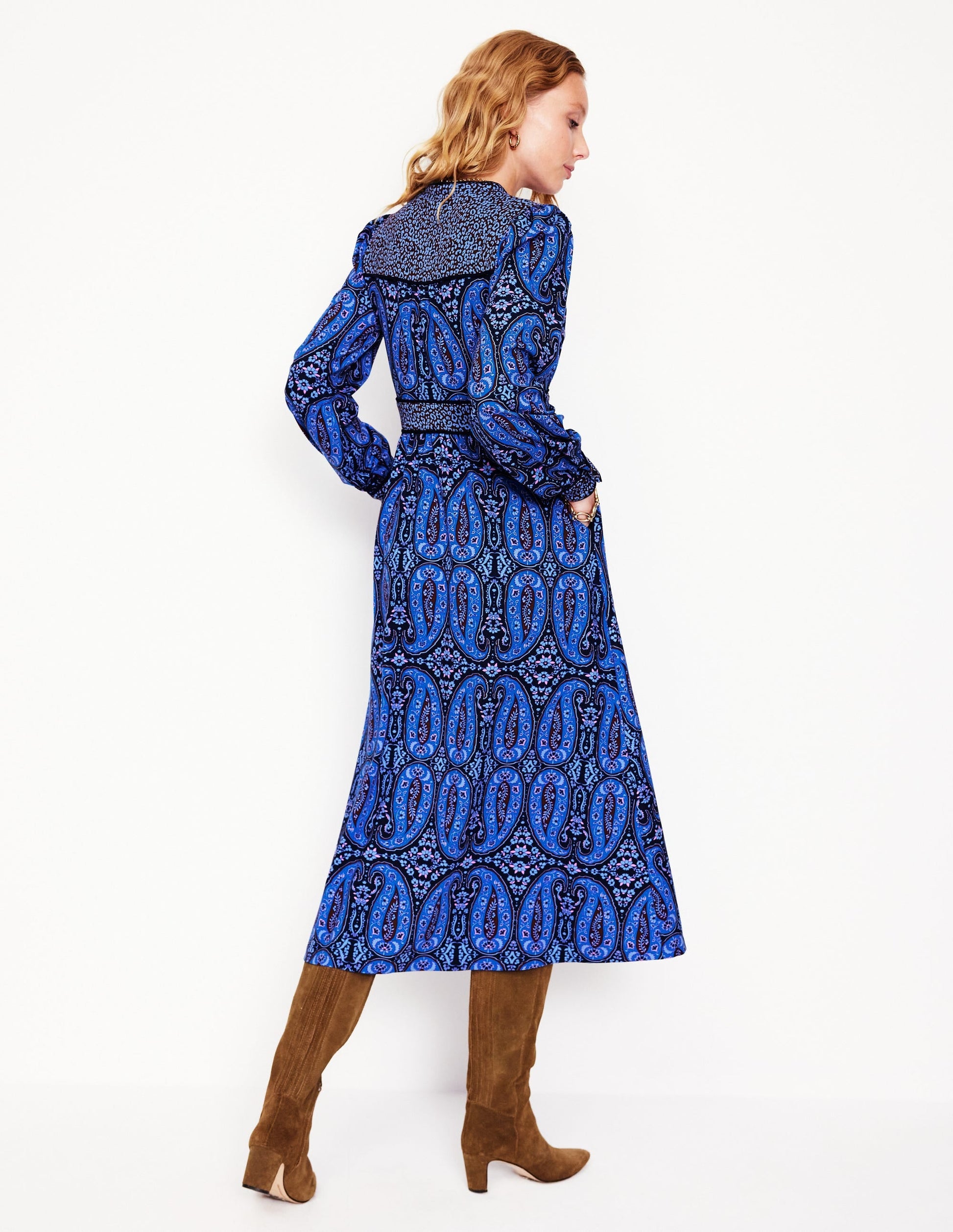 Hotched Ponte Dress-Blue, Paisley Bud-3