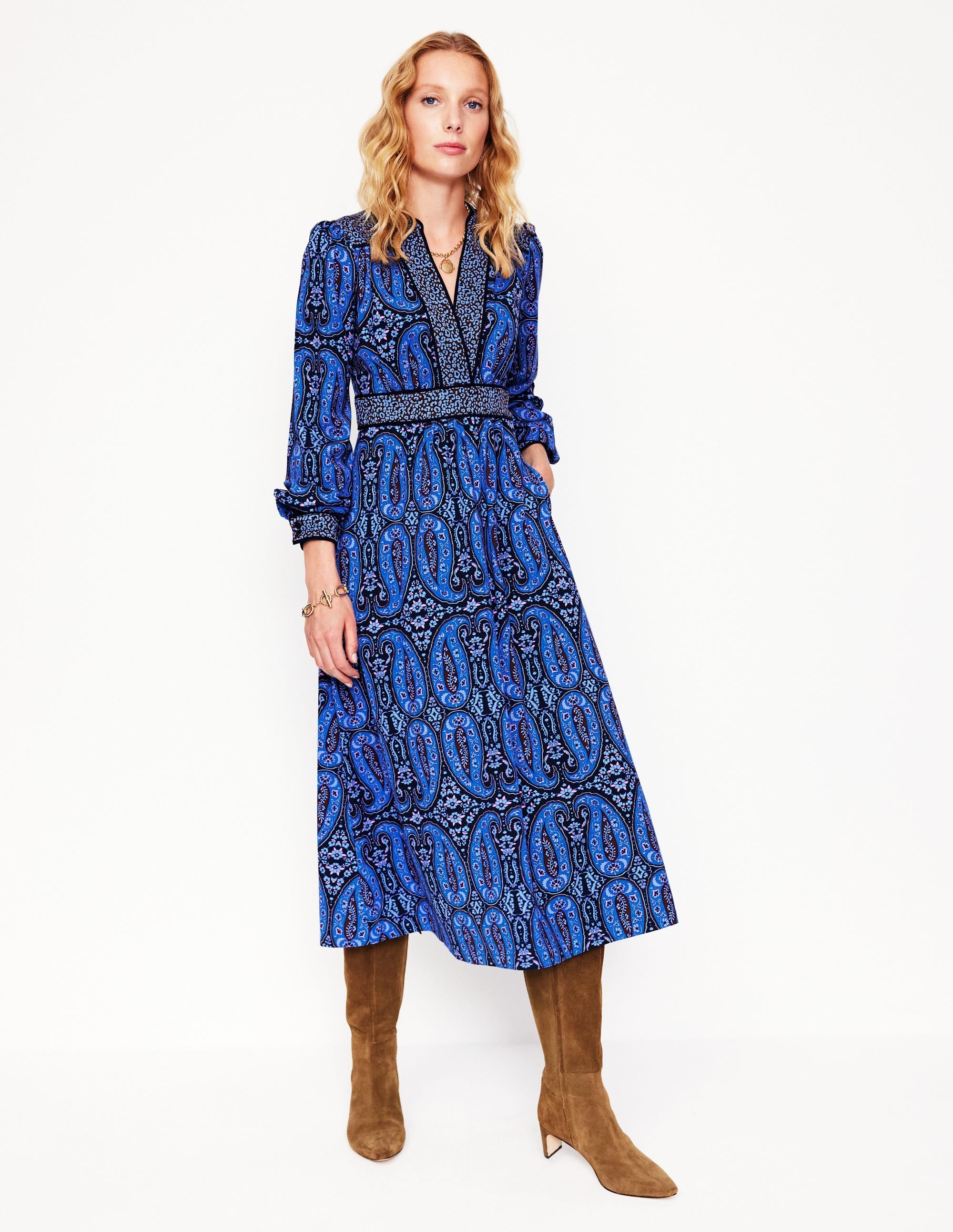 Hotched Ponte Dress-Blue, Paisley Bud - Image 4