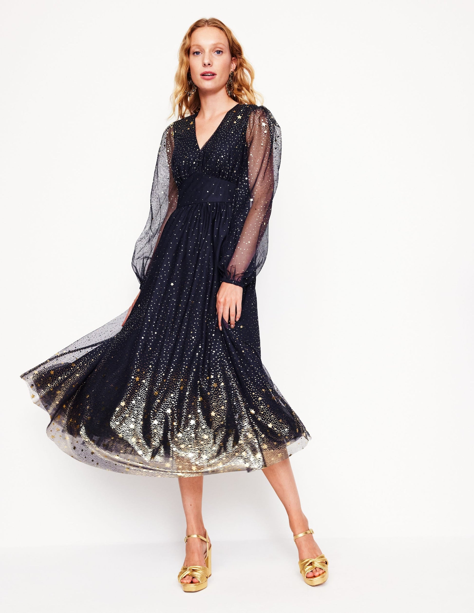 Christina Tulle Midi Dress-Navy, Foil Scattered Stars-1