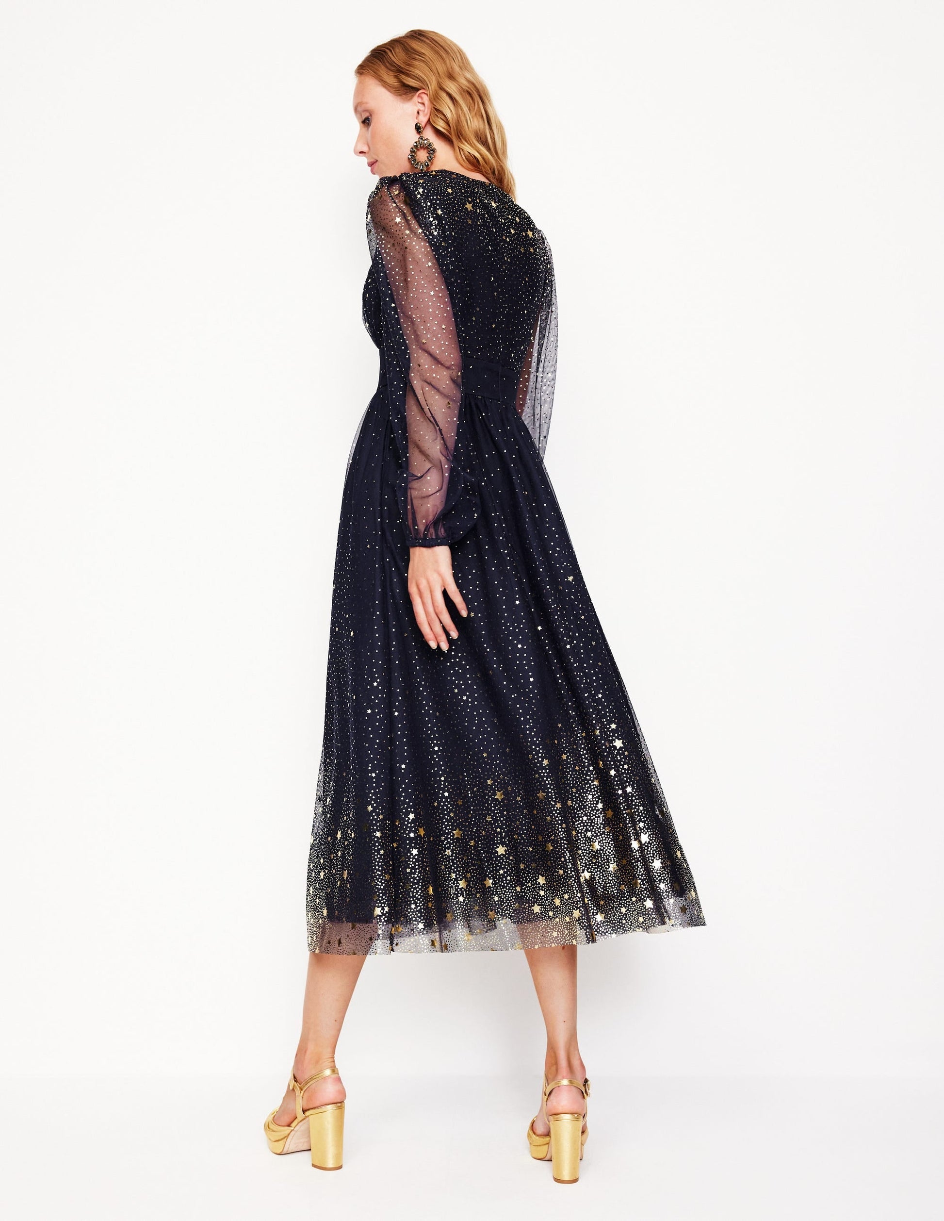 Christina Tulle Midi Dress-Navy, Foil Scattered Stars-3
